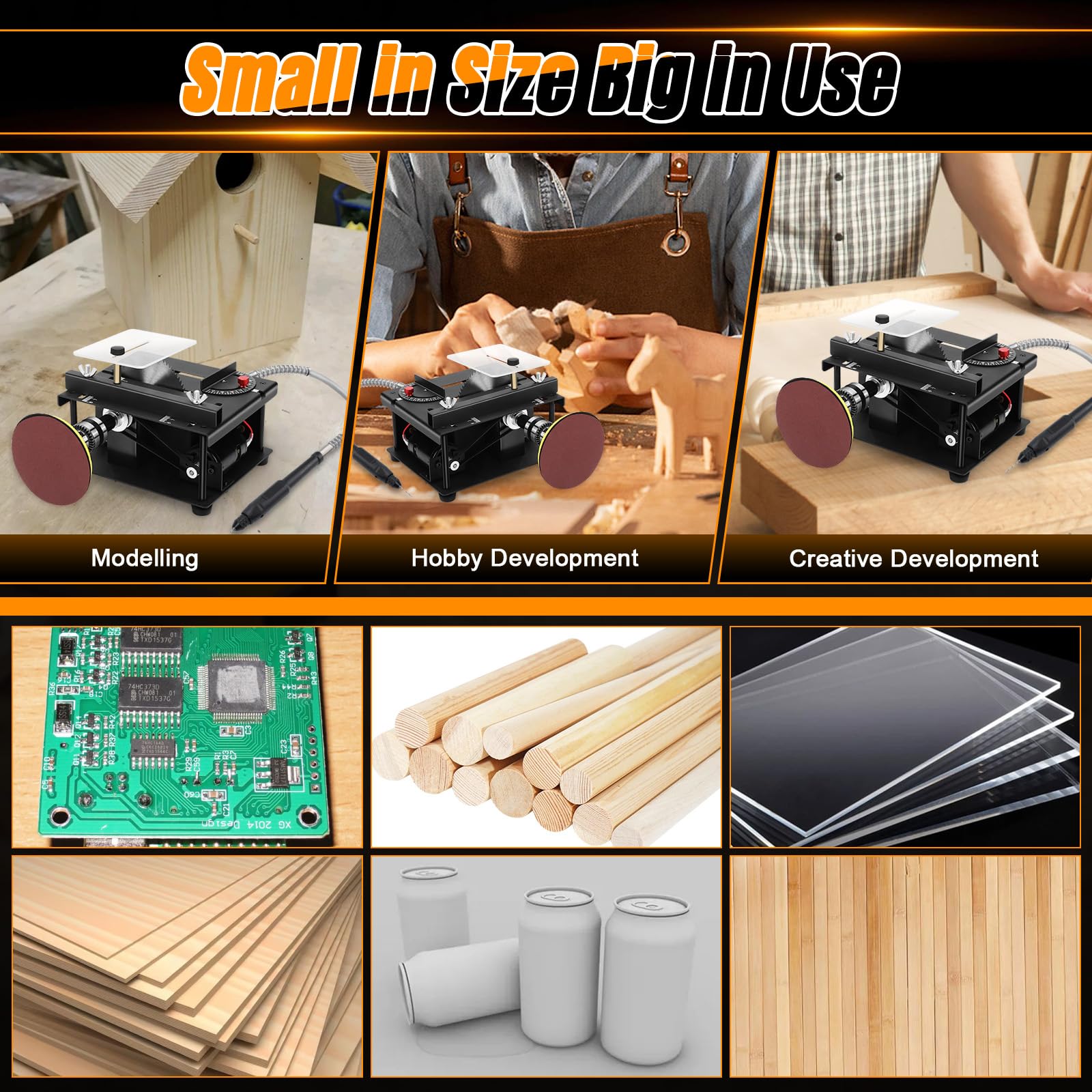 Mini Scie de Table 100W avec Ponceuse à Bande, 5 Lames 30mm pour Travaux du Bois et DIY