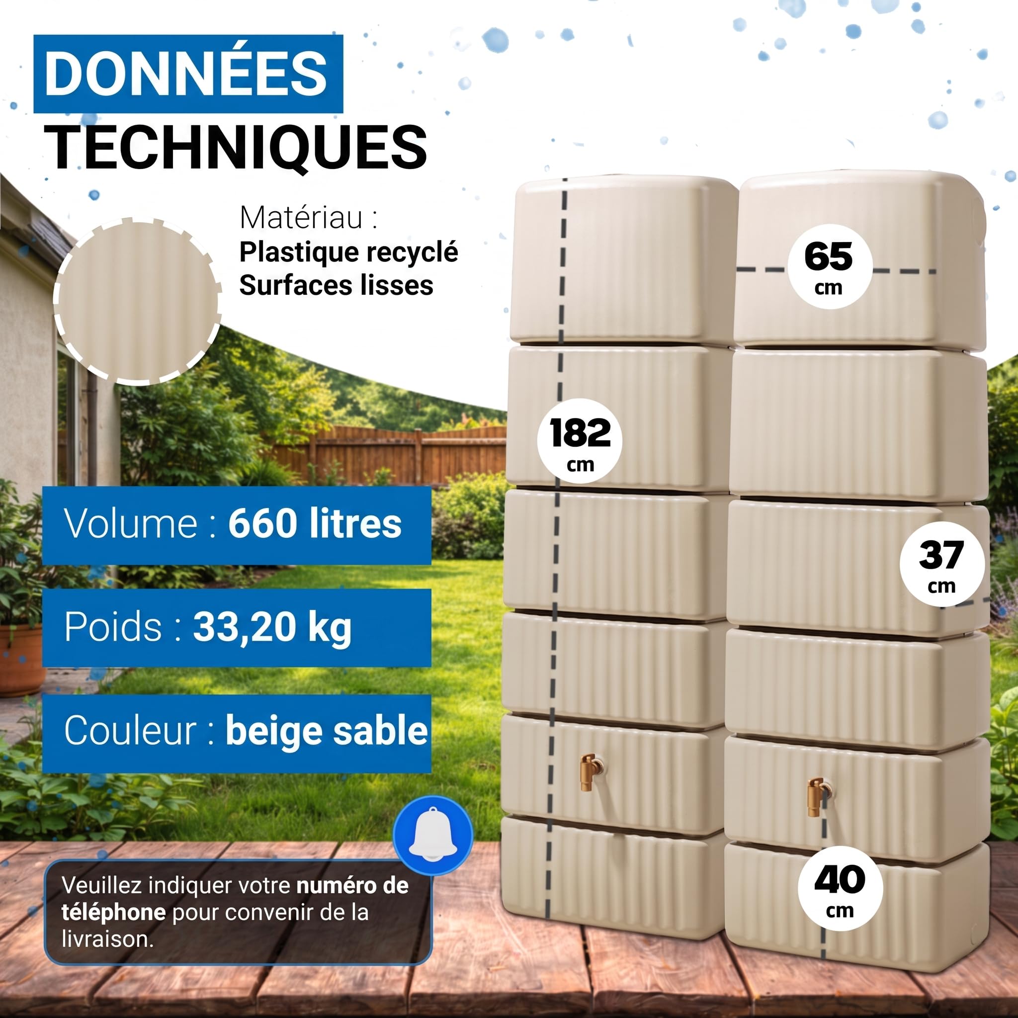 4rain Slim Kit Recuperateur d Eau de Pluie 660L Sable Beige | 2X Réservoir d’Eau de Pluie Slim 330L avec Connecteur, Récupérateur Mural Robuste pour Jardin et Terrasse