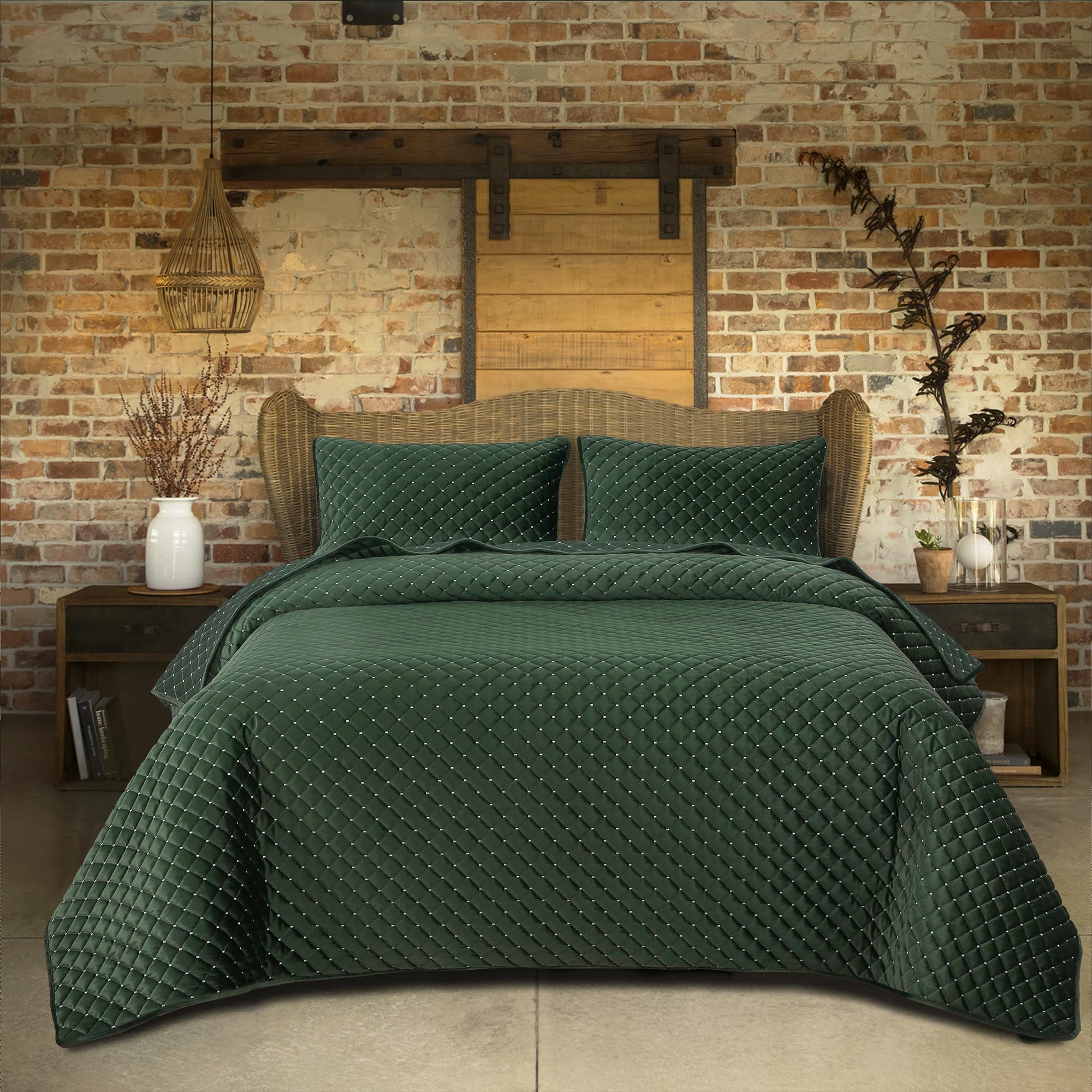 Edredón de terciopelo individual de lujo ropa de cama verde oscuro colcha reversible acolchada