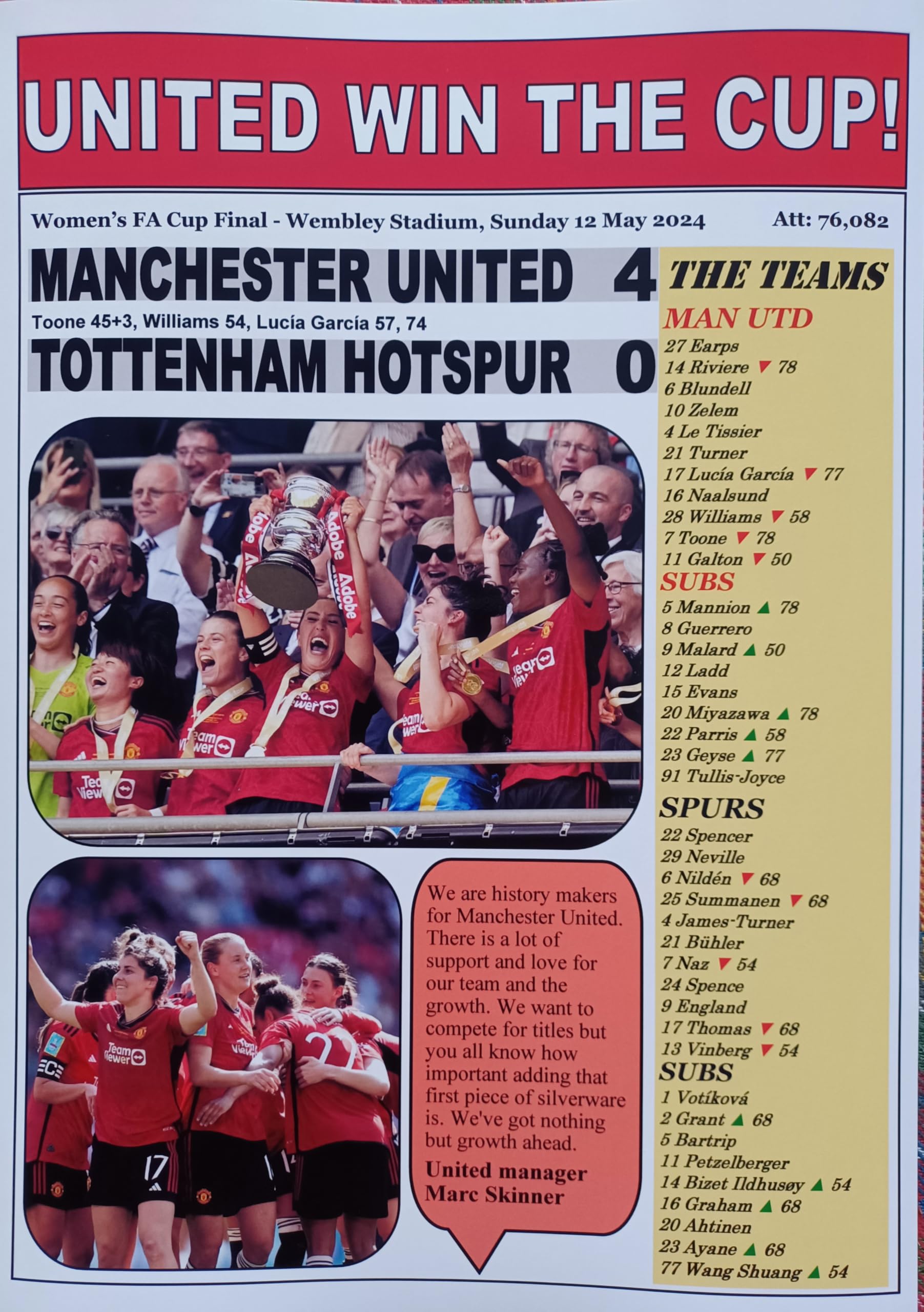 Assorted Women's Multicoloured Manchester United 4 Tottenham 0-2024 Fa Cup Final - Souvenir Print