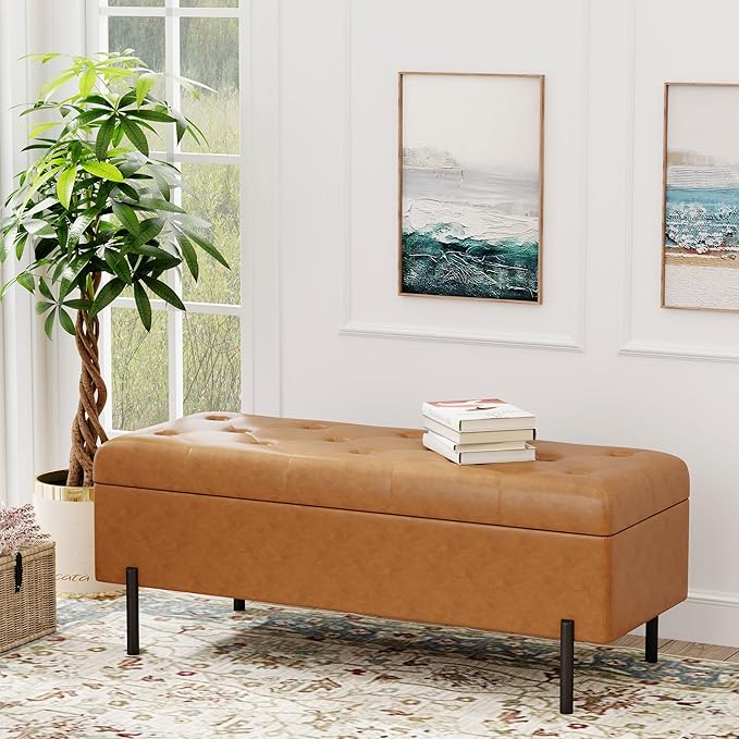 Andeworld Storage Bench, Faux Leather Modern Bedroom Bench, Upholstered Tufted Large Settee Ottoman with Storage Bench for Bedroom,Living Room,Entryway,Brown