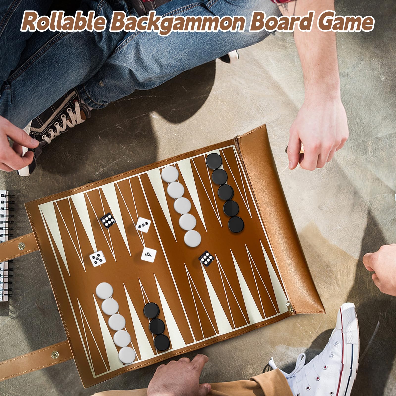 Backgammon Reiseset zum Aufrollen – Backgammon Reise Klassisch inkl. Zubehör, Tragbares Brettspiel für Familie und Reise, Spielfeldmaß:35,5x25,2 cm (Braun)