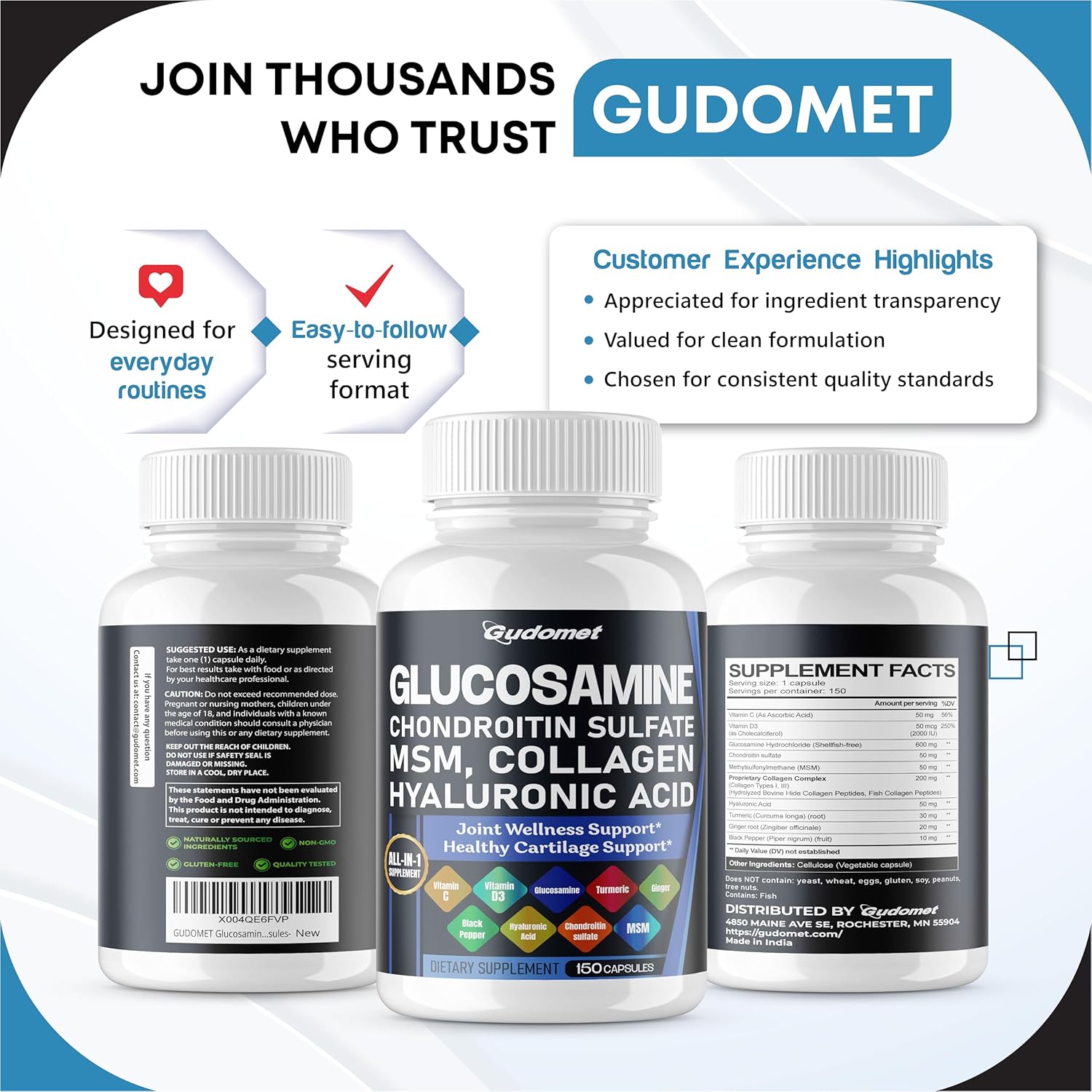 Glucosamine Chondroitin sulfate Methylsulfonylmethane Hyaluronic Acid Turmeric Ginger Vitamin C, D3, Black Pepper -150 Capsules - Image 9