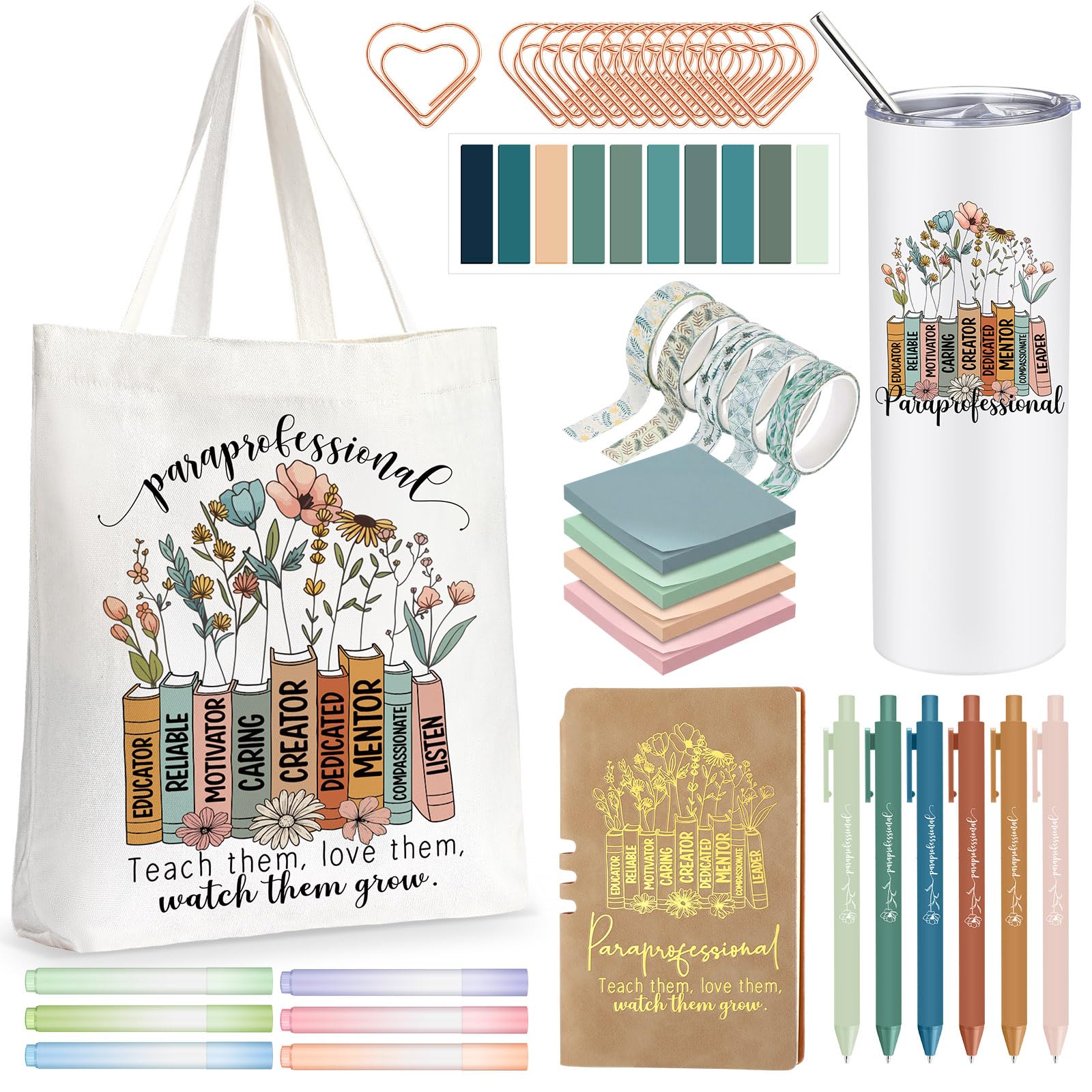 Geiserailie 35 Pcs End of Year Paraprofessional Gifts for Women Catechist Para Paraeducator Teacher Aide Appreciation Thank You Set 20oz Tumbler Tote Bag Notepads Pens Sticky Notes Paper Clips
