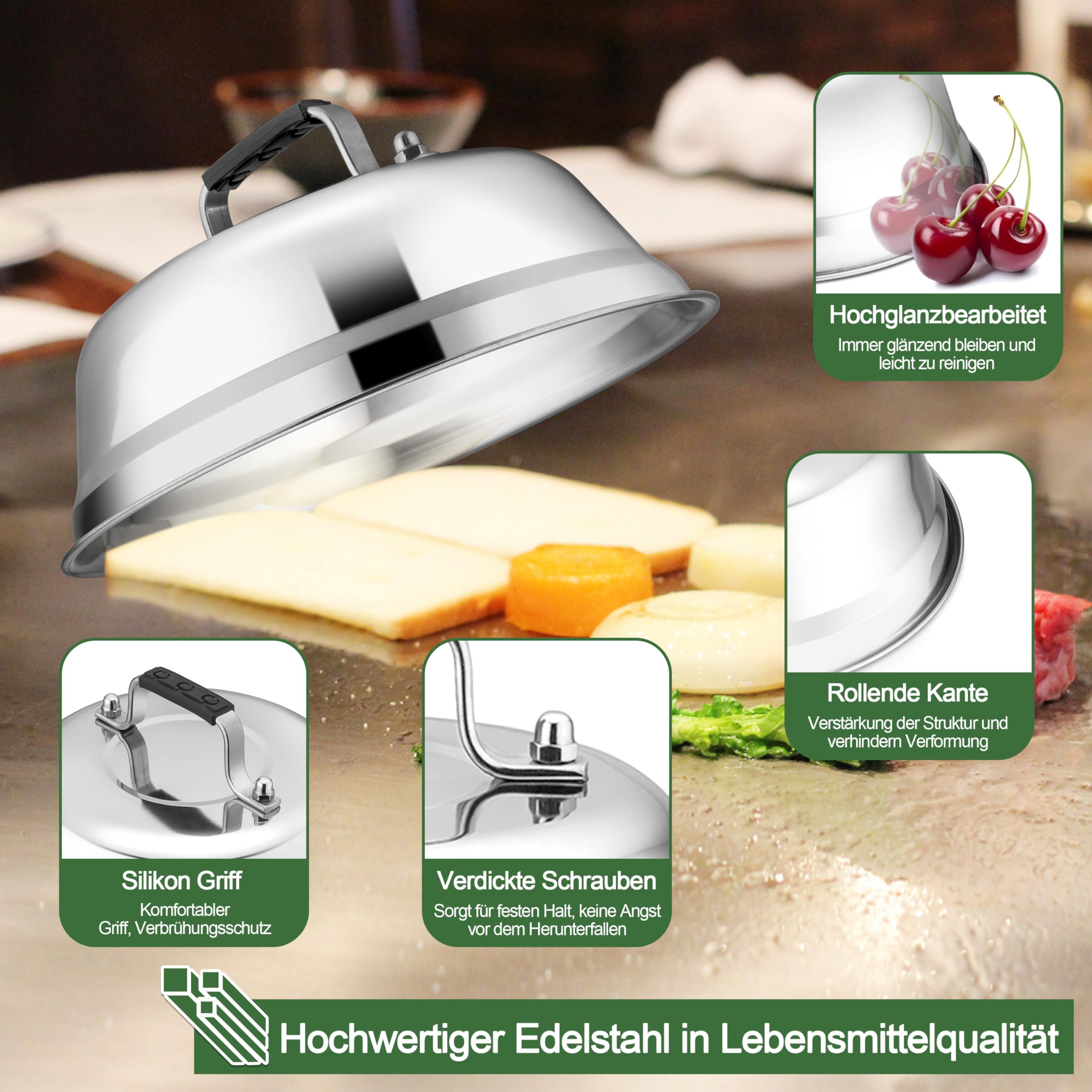 TEAMFAR Dzwonek do burgerów, zestaw 2 sztuk dzwonków do burgerów ze stali nierdzewnej, kopuły do burgerów z odpornym na wysokie temperatury uchwytem silikonowym, dzwonek do topienia, osłona do