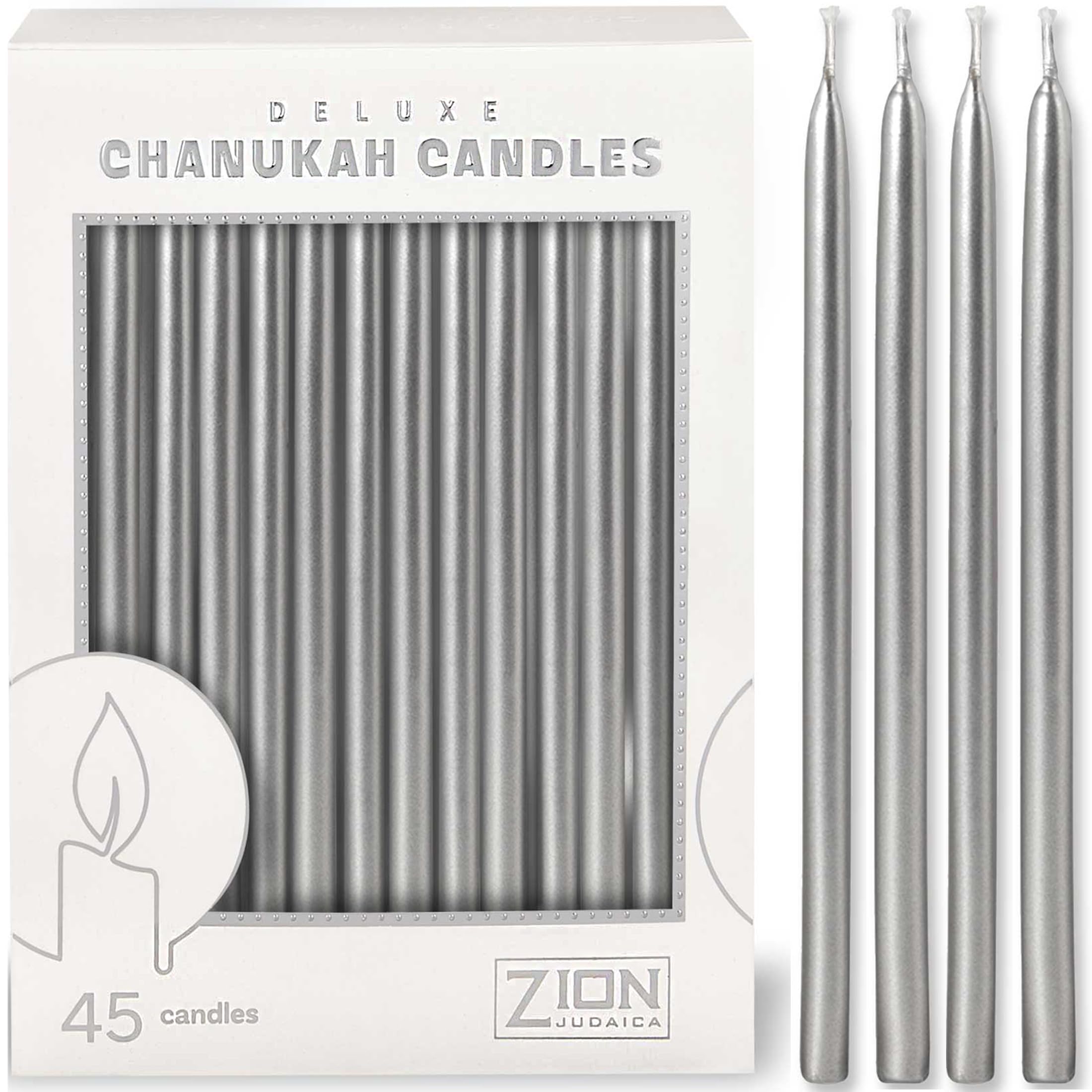 Premium Metallic Hanukkah Candles Dripless Metallic Silver Hand Dipped Candle Set of 45 Decorative Chanukah Flames Fits Standard Menorahs DIY Dreidel & Prayer Card Included