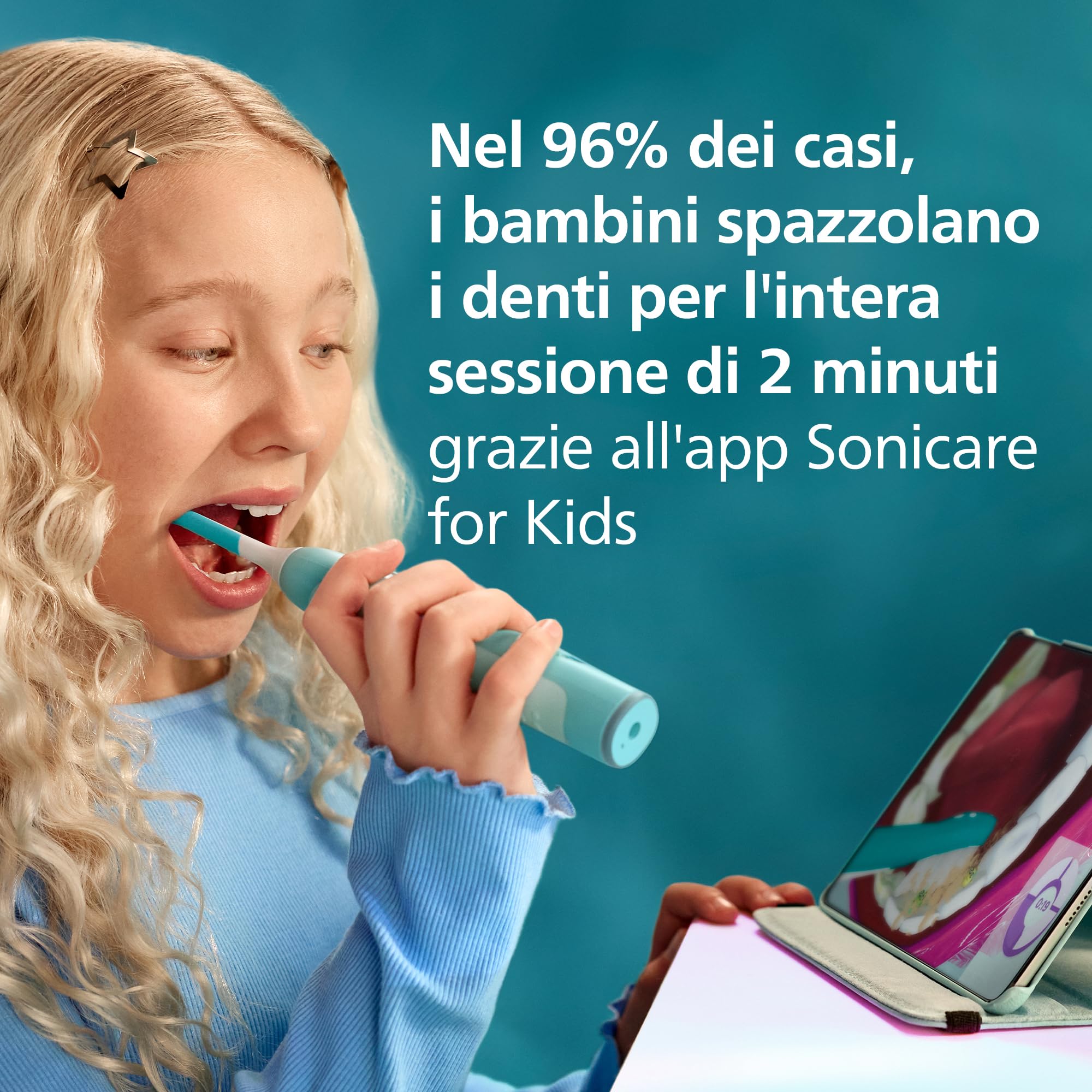 Spazzolino elettrico sonico smart Philips Sonicare for KidsCon app, dai 3 anni in su, 2 modalità delicate, timer da 2 minuti con luci e suoni, 2 testine, verde acqua, modello HX6600/13