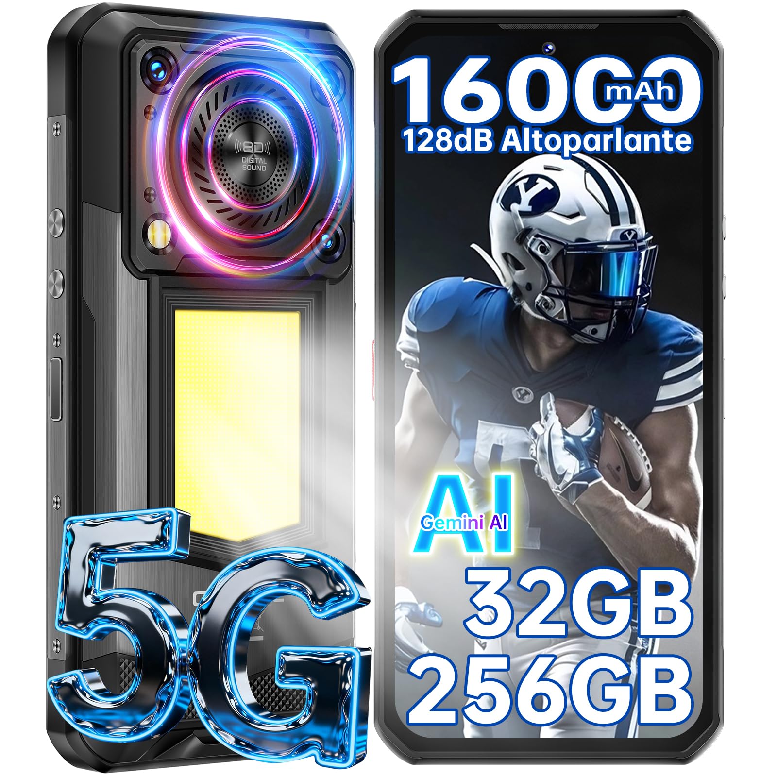 OUKITEL WP56 5G Rugged Smartphone - 32GBGB+256GB/2TF 6,78"FHD+ 120Hz- con 1000LM Luce Campeggio 128dB Altoparlante, Android 15 16000mAh 108MP+32MP Telefono Indistruttibile IP68/NFC/BT5.2/OTG/GPS Nero