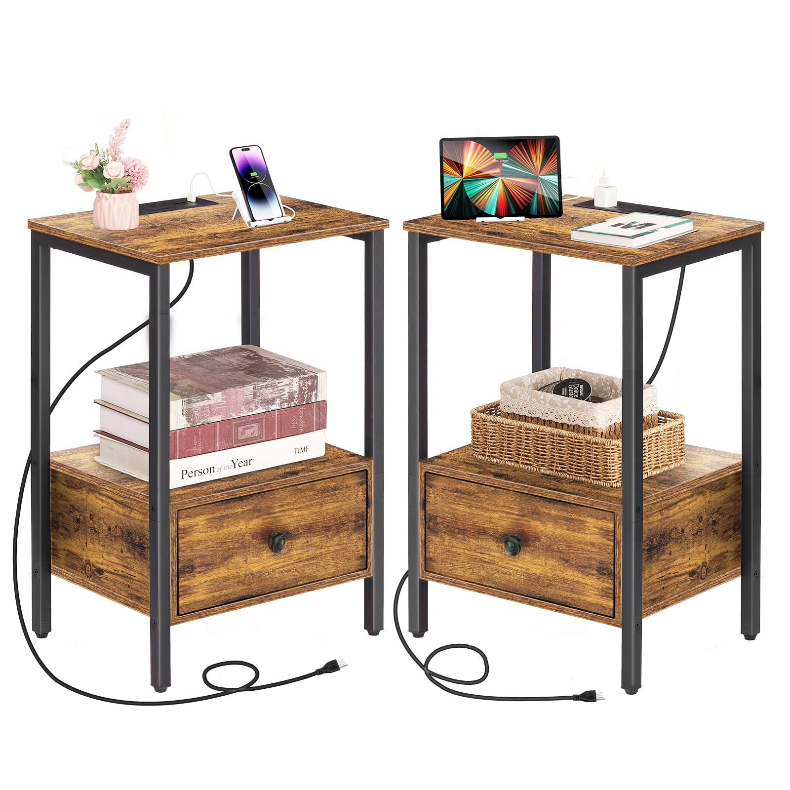 Side Table with Charging Station, Set of 2 Nightstand with USB Ports & Power Outlets,Narrow End Table with Drawer and Storage Shelf for Small Spaces,Bedside Tables for Bedroom,Living Room,Rustic Brown