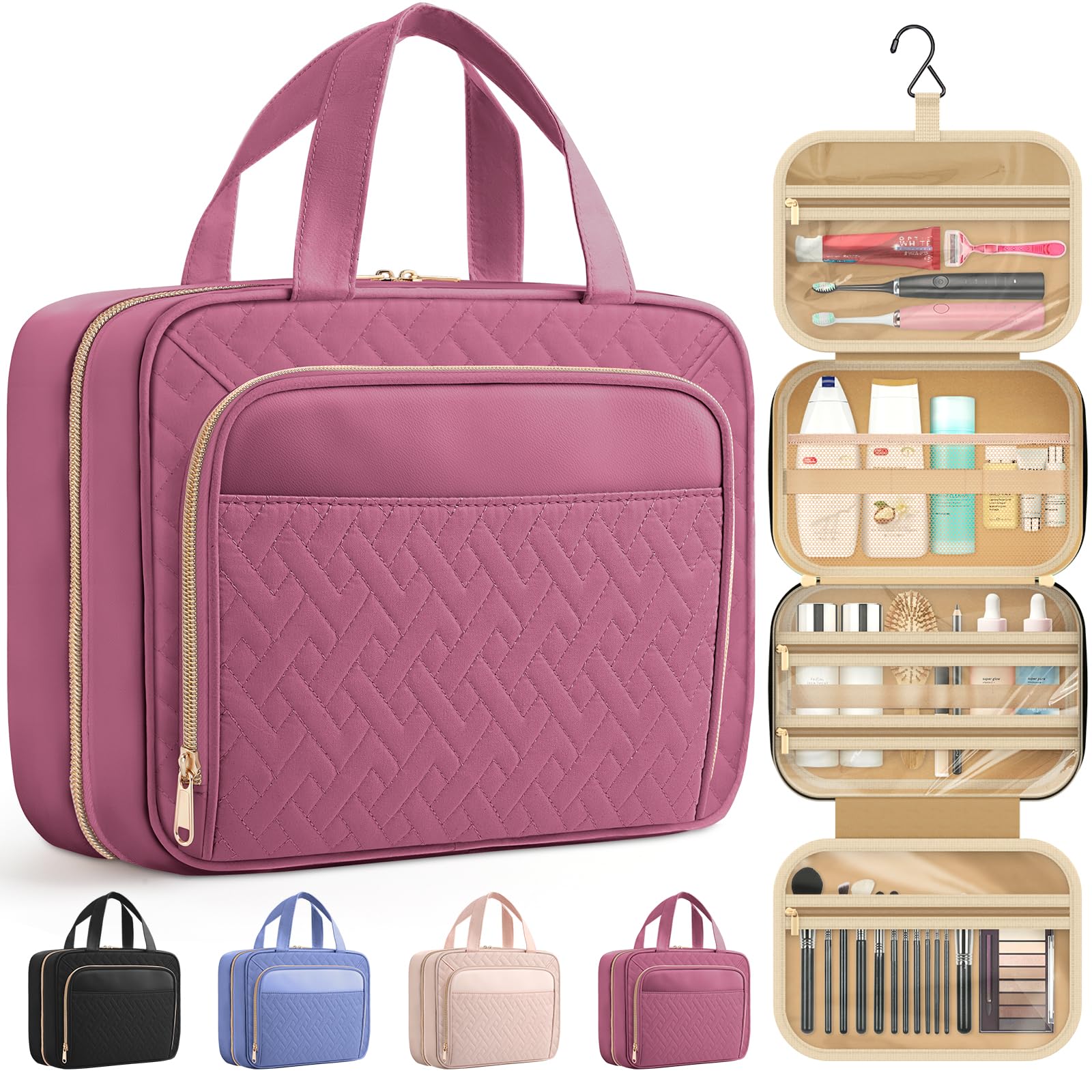 HOTOR Travel Toiletry Bag for Women & Men, Waterproof Makeup Bag with Hanging Hook and Multiple Pockets, Cosmetic Bags for Women, Travel Essentials, 11.2'' x 3.2'' x 8.9'', Rosewood-Pink