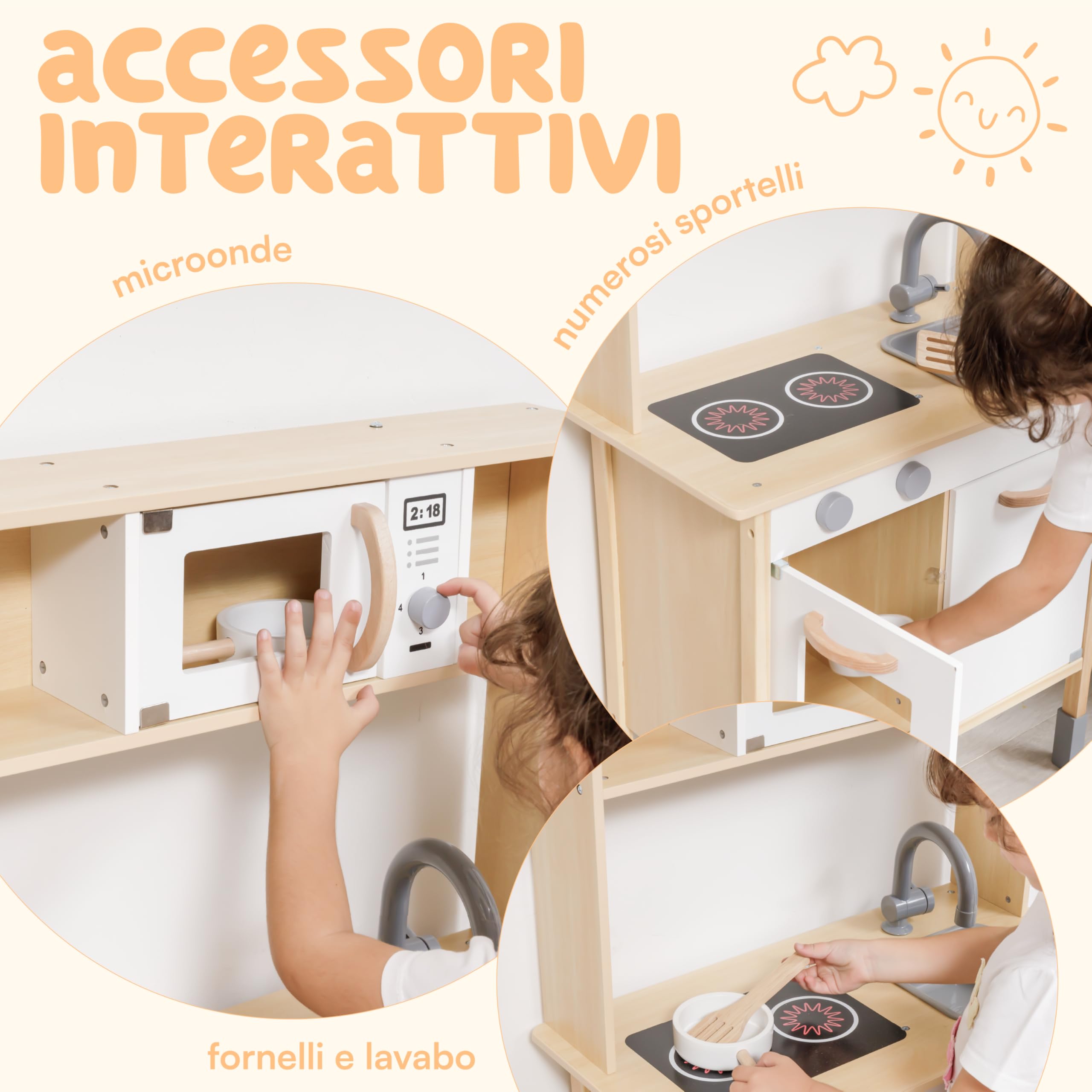 Baroni Toys Cocina de juego de madera Montessori para niña, juguete mini cocina de madera para niño, juego de cocina con horno microondas, fregadero y estufas, juego niños de 3 a 7 años, 58 x 30 x 96