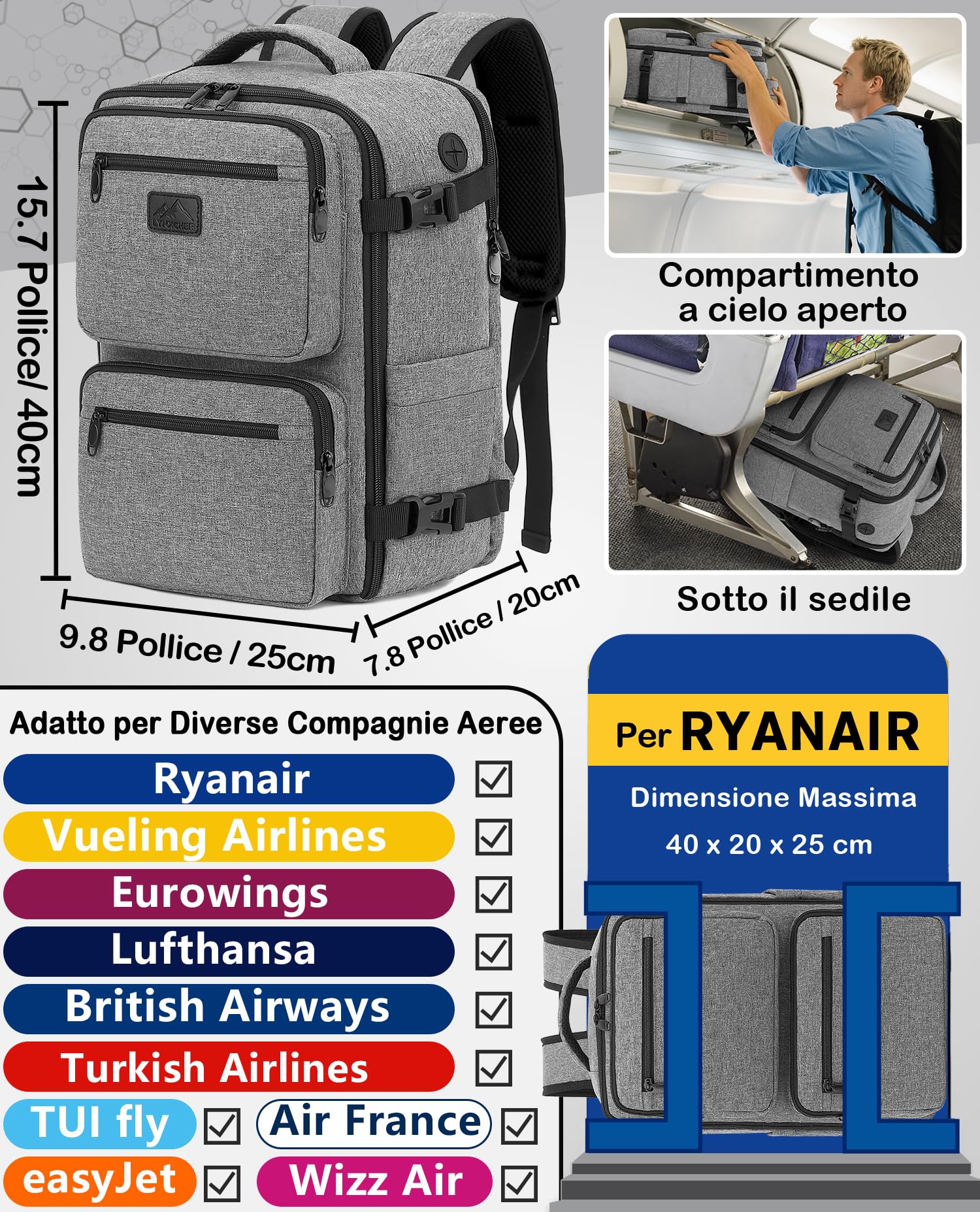 LYNXCHER Zaino Ryanair 40x20x25 da Viaggio Aereo Bagaglio a Mano 20L per Uomo e Donna Borsa da Cabina 14 Pollici Porta PC Grigio
