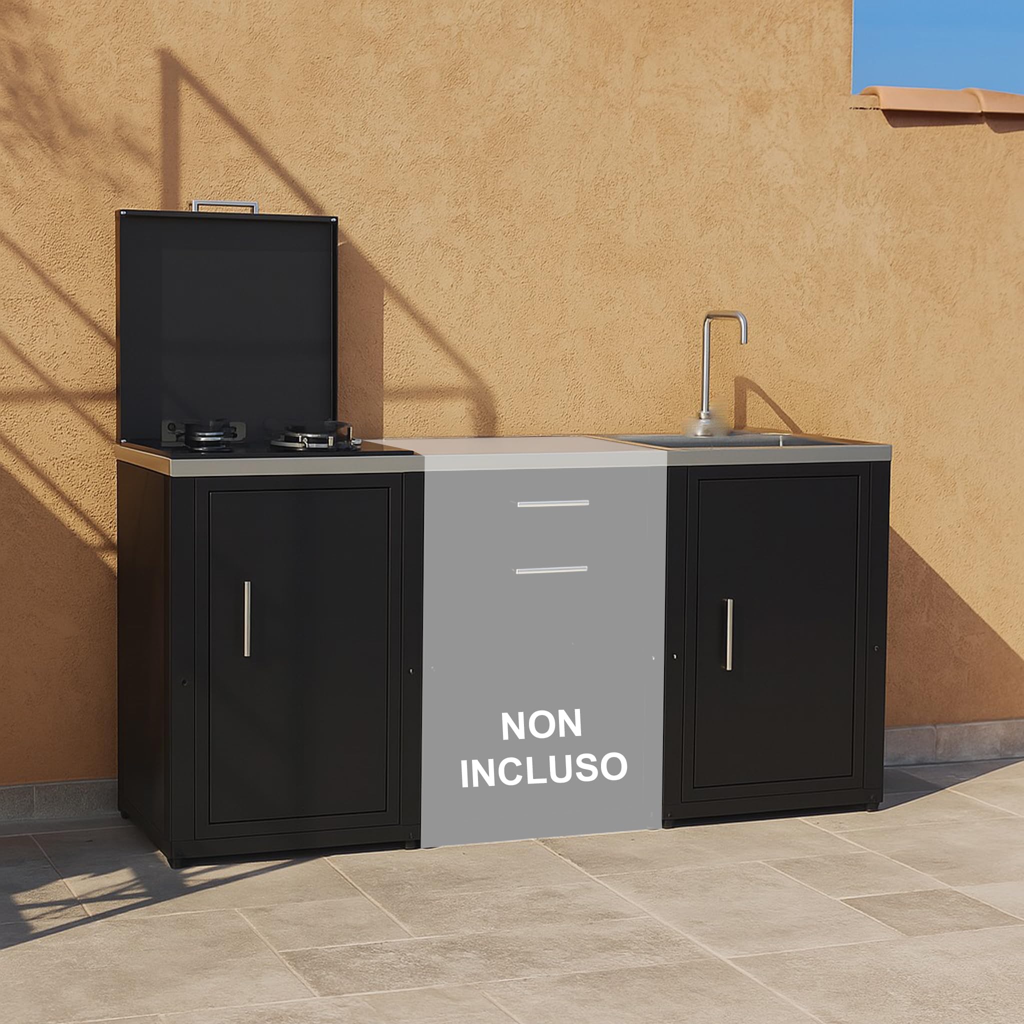 Set Cucina da Esterno a Gas 2 Elementi con Lavello Rubinetto e tagliere incassato - Struttura in Acciaio e Piano in Acciaio Inox - Nero