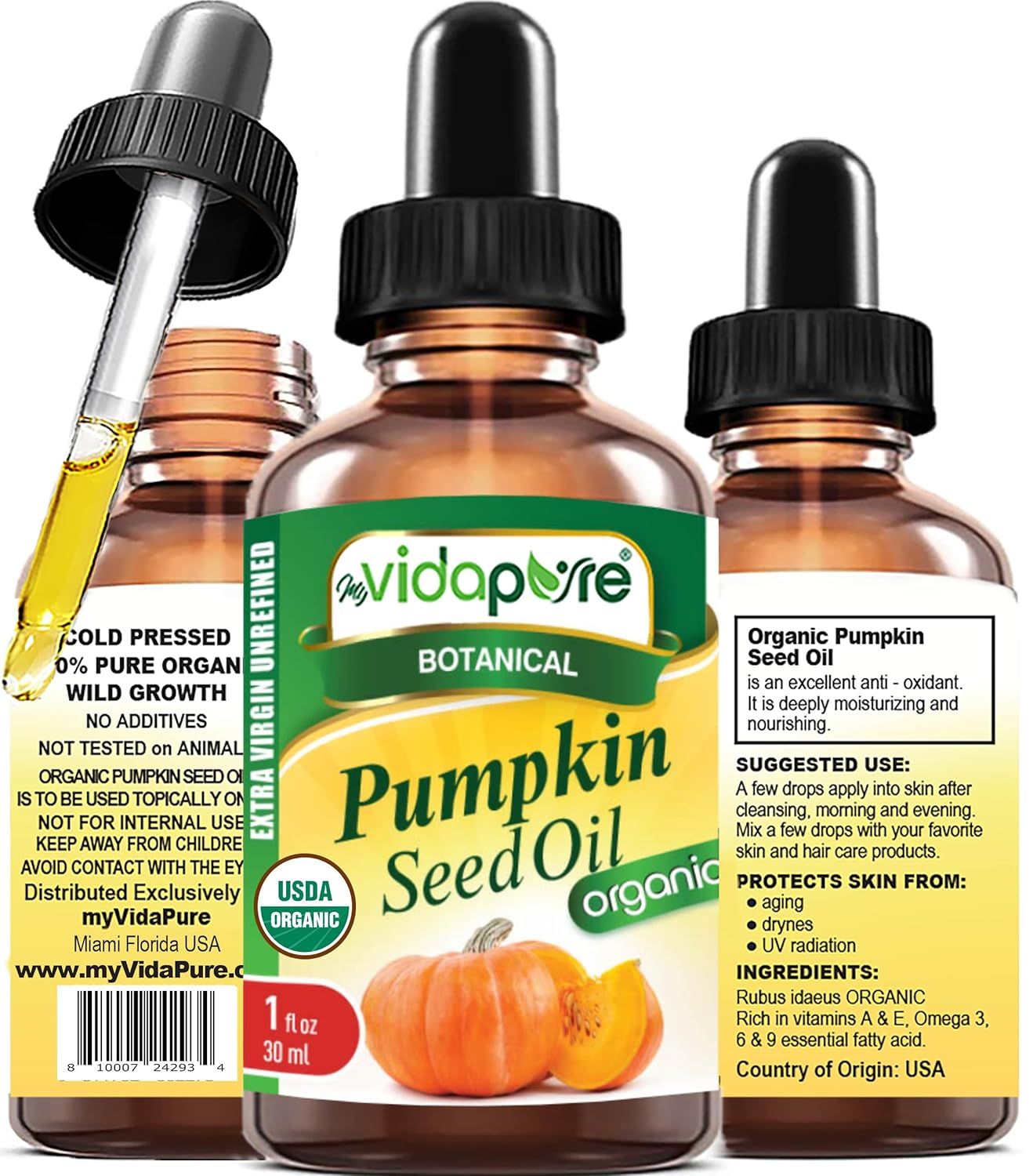 MYVIDAPURE Organic PUMPKIN SEED OIL Certified Organic WILD GROWTH RAW Pure EXTRA VIRGIN UNREFINED 1 Fl.oz.- 30 ml. For Skin, Face, Body, Hair and Lip Care