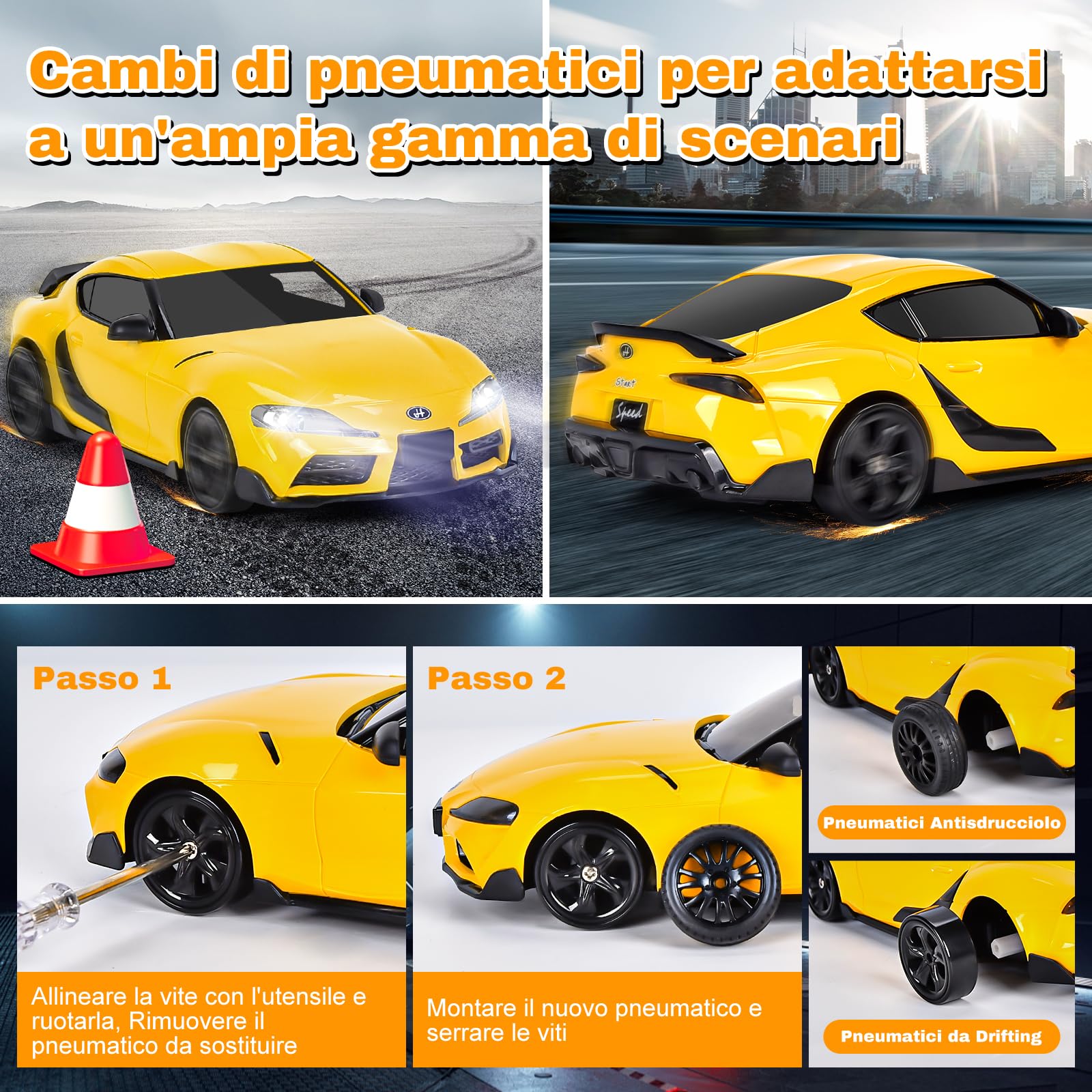 BuzzoXerex RC Drift Car, Mini Macchina Telecomandata Drift, 1/24 4WD Auto Telecomandata con Luce LED, 18km/h, Auto Giocattolo per Adulti e Bambini di Età Superiore agli 6 Anni (Giallo)