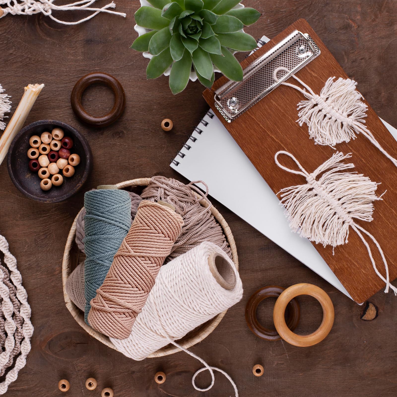 Macrame Kit,Macrame Kit for Beginners,656 Feet 3mm Macrame Cord,Natural Cotton Yarn Macrame with Wooden Beads,Wooden Poles,All Accessories to Make Macrame Plant Hanger,Macrame Wall Hanging Craft Kit - Image 3