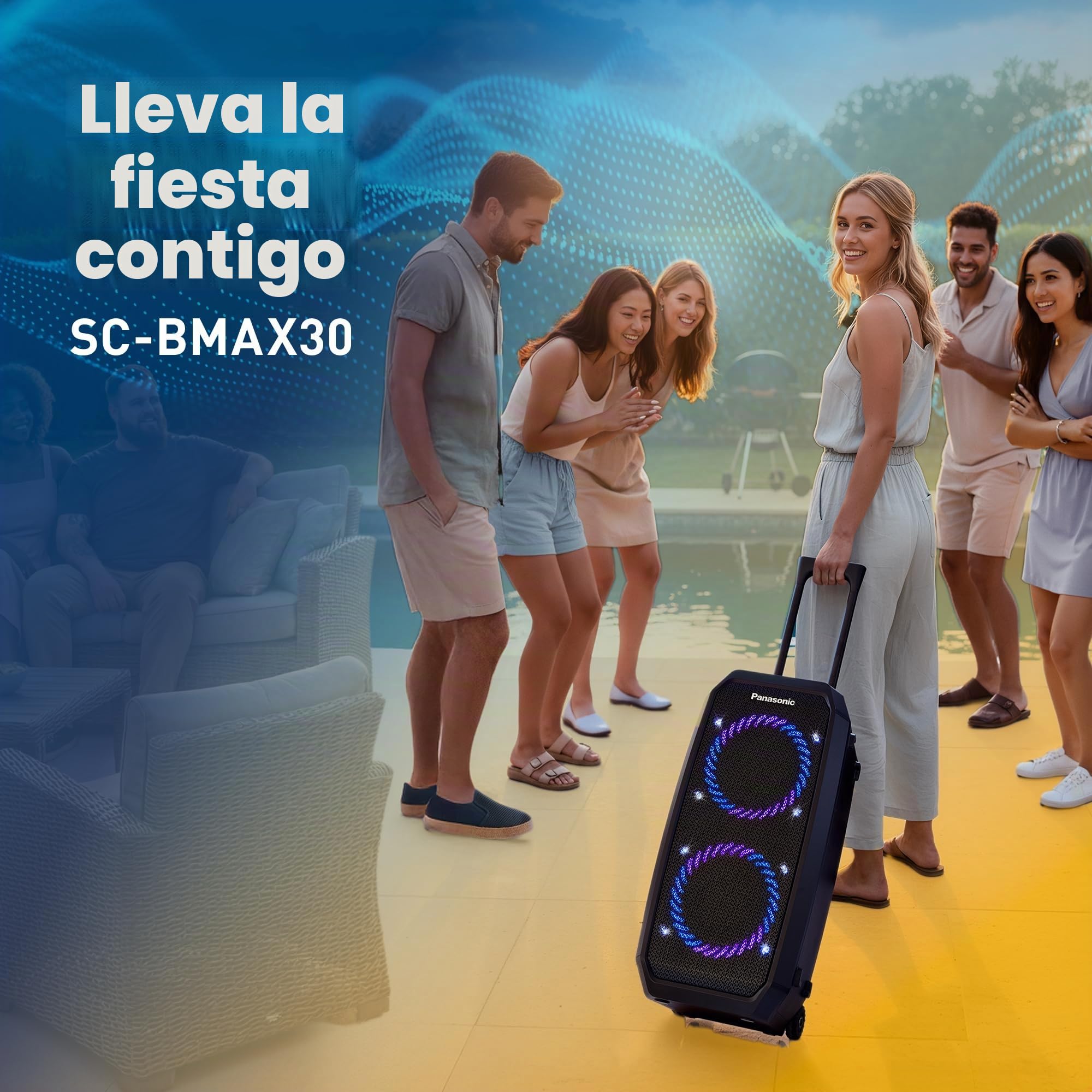 Panasonic SC-BMAX30 Altavoz Portátil para Fiestas con Bluetooth, Luces Integradas, Entrada Bass Reflex, 320 W, 14h de autonomía, USB, IPX4, Entradas para Guitarra y Micrófono para Karaoke, Negro