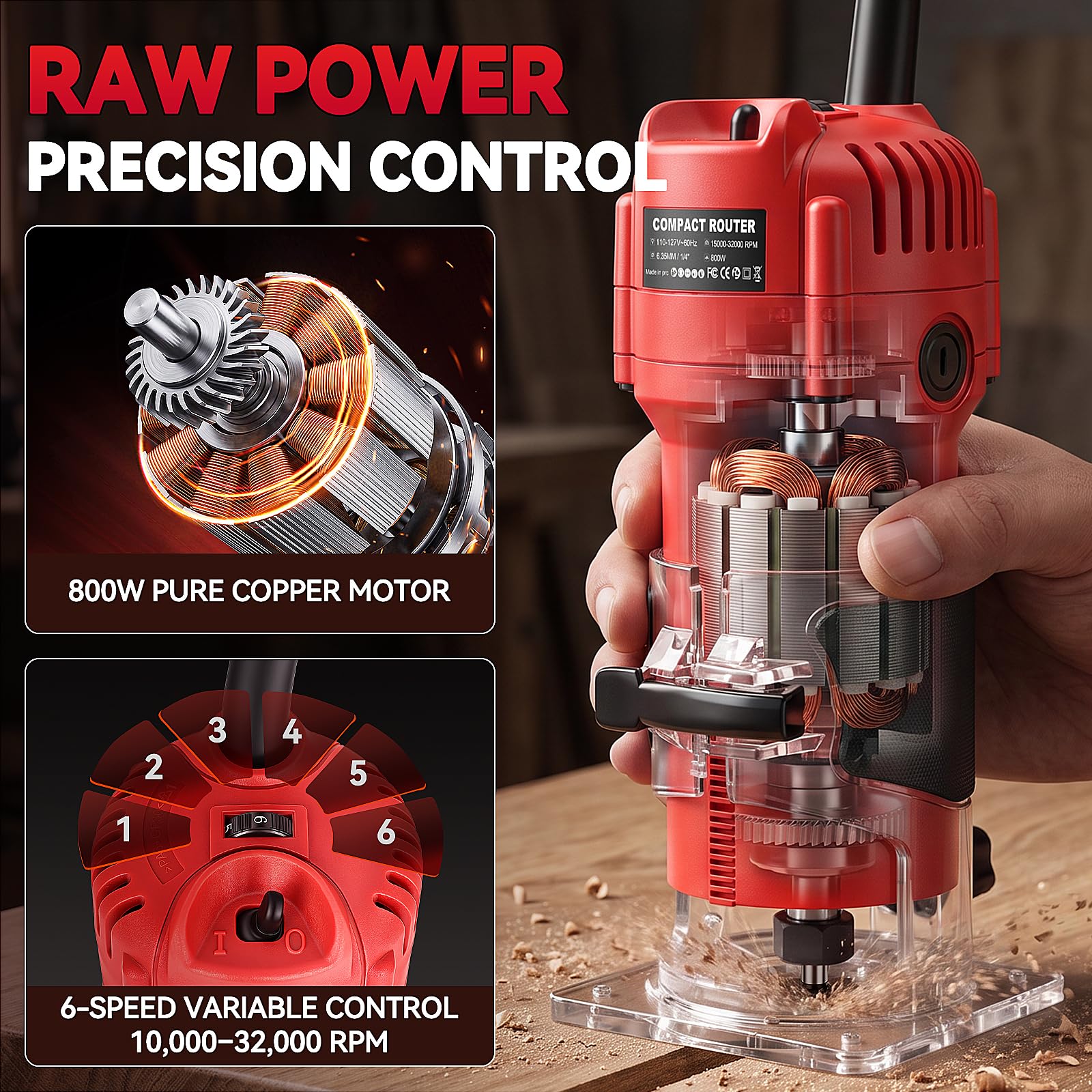 Outil de défonceuse à bois, 800 W compact pour le travail du bois, débroussailleuse électrique à 6 vitesses, 15 000 à 32 000 tr/min, pinces de 0,6 cm, 6 embouts, guides et capot anti-poussière