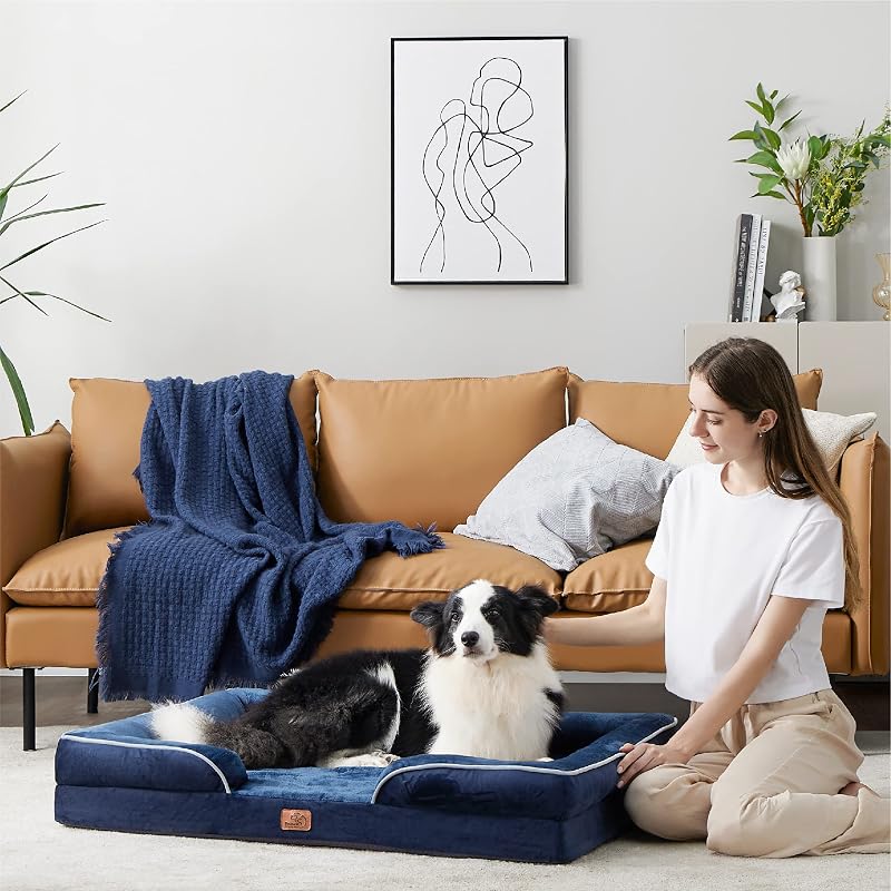 BEDSURE Ortopédikus Kutyaágy 89x63 cm - Közepes Méretű Kutyáknak, Mosható Tojástartó Habos Kutyakanapé, Csúszásgátló Kutyafekhely, Sötétkék