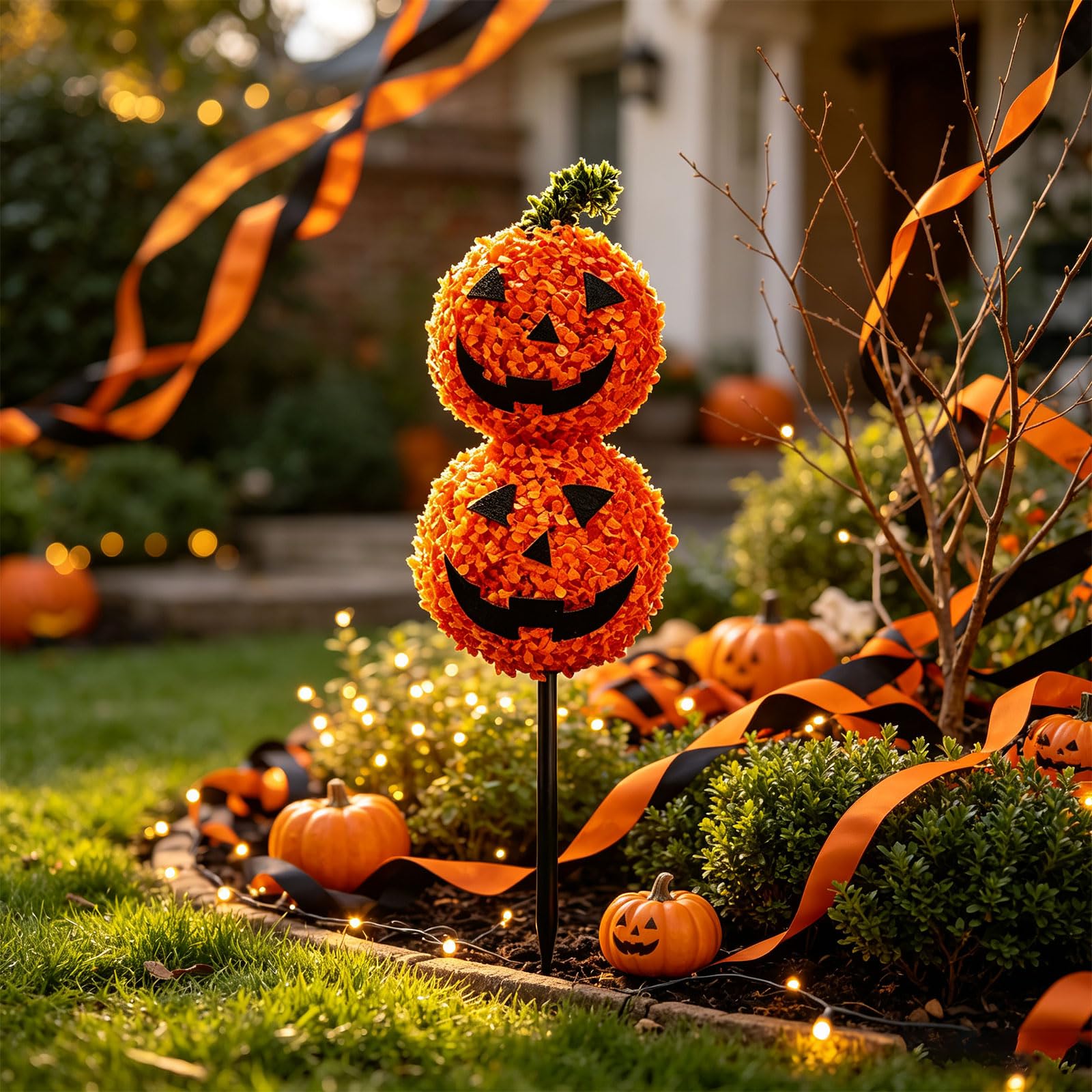 Kürbis gartenstecker Halloween mit fröhlichem Jack o Lantern Gesicht，65cm