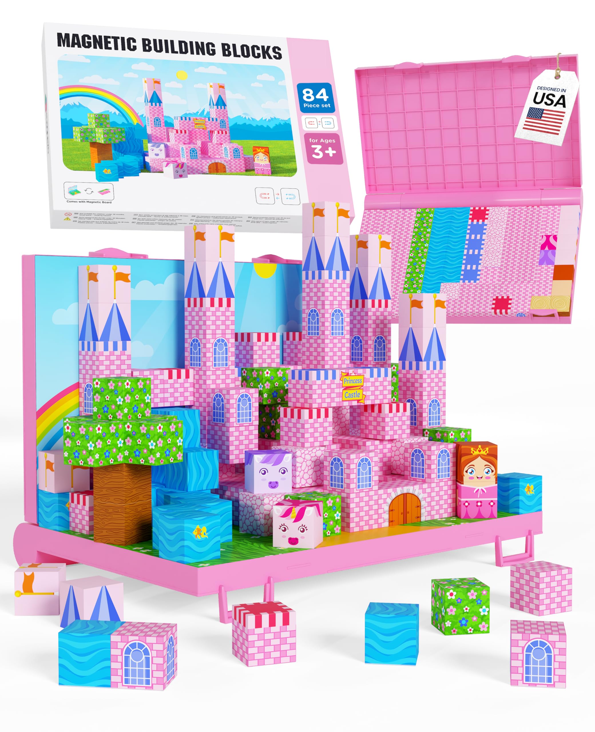 Gift-Ready Magnetic Building Blocks for Kids, Magnet Cubes — Princess Castle Toy Building Sets with Magnetic Storage Board — 84-Piece Pixy Stacking