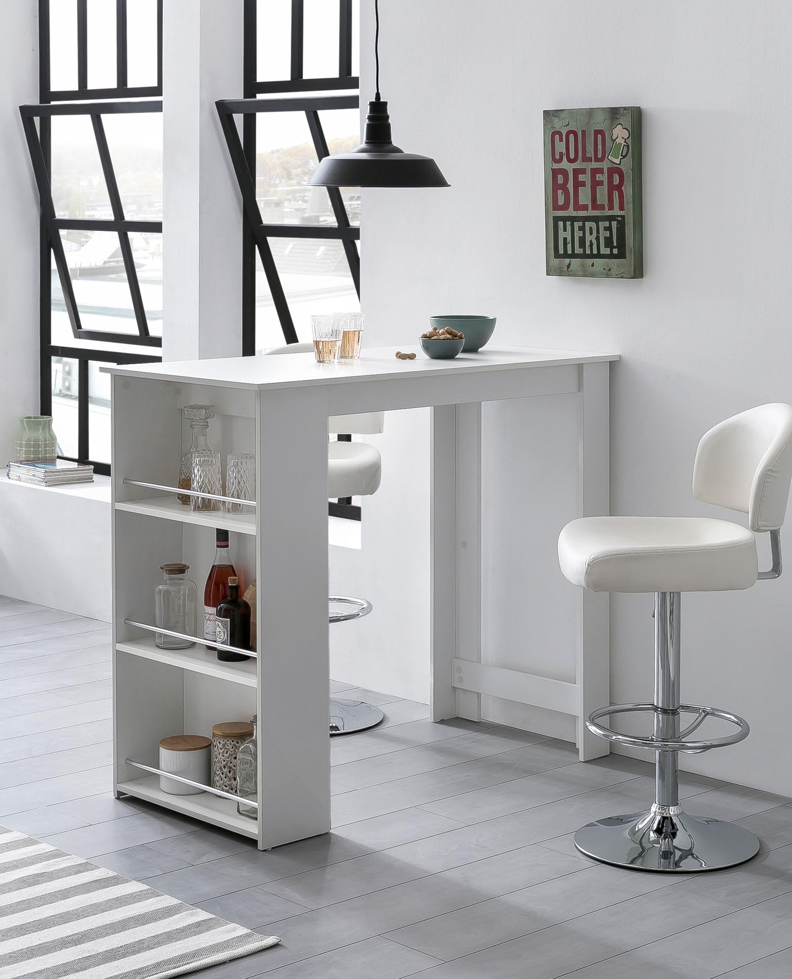 Wohnling Bartisch 120x60x107,5 cm Weiß mit Integriertem Regal | Stehtisch mit großer Ablagefläche, Bartresen für Küche und Party, Küchenbartisch geradlinig, Bistrotisch Holz