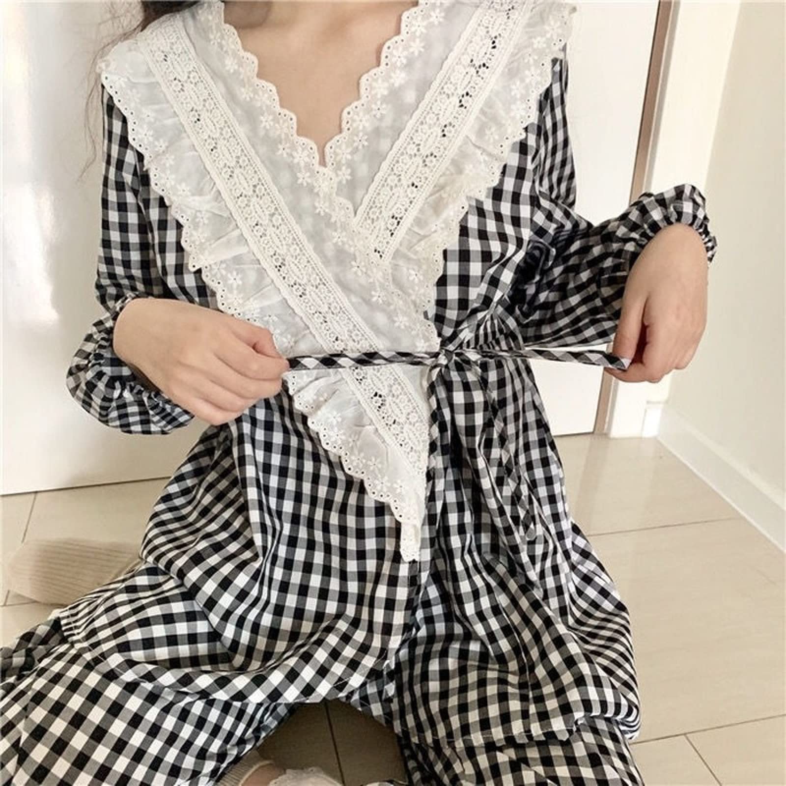 Kobiety słodkie zestawy piżam - dziewczęcy dekolt w serek stylowa krata cały mecz bielizna nocna minimalistyczny studenci Harajuku elegancki miękki Jogging Homewear dla dorosłych stroje garnitur (Col