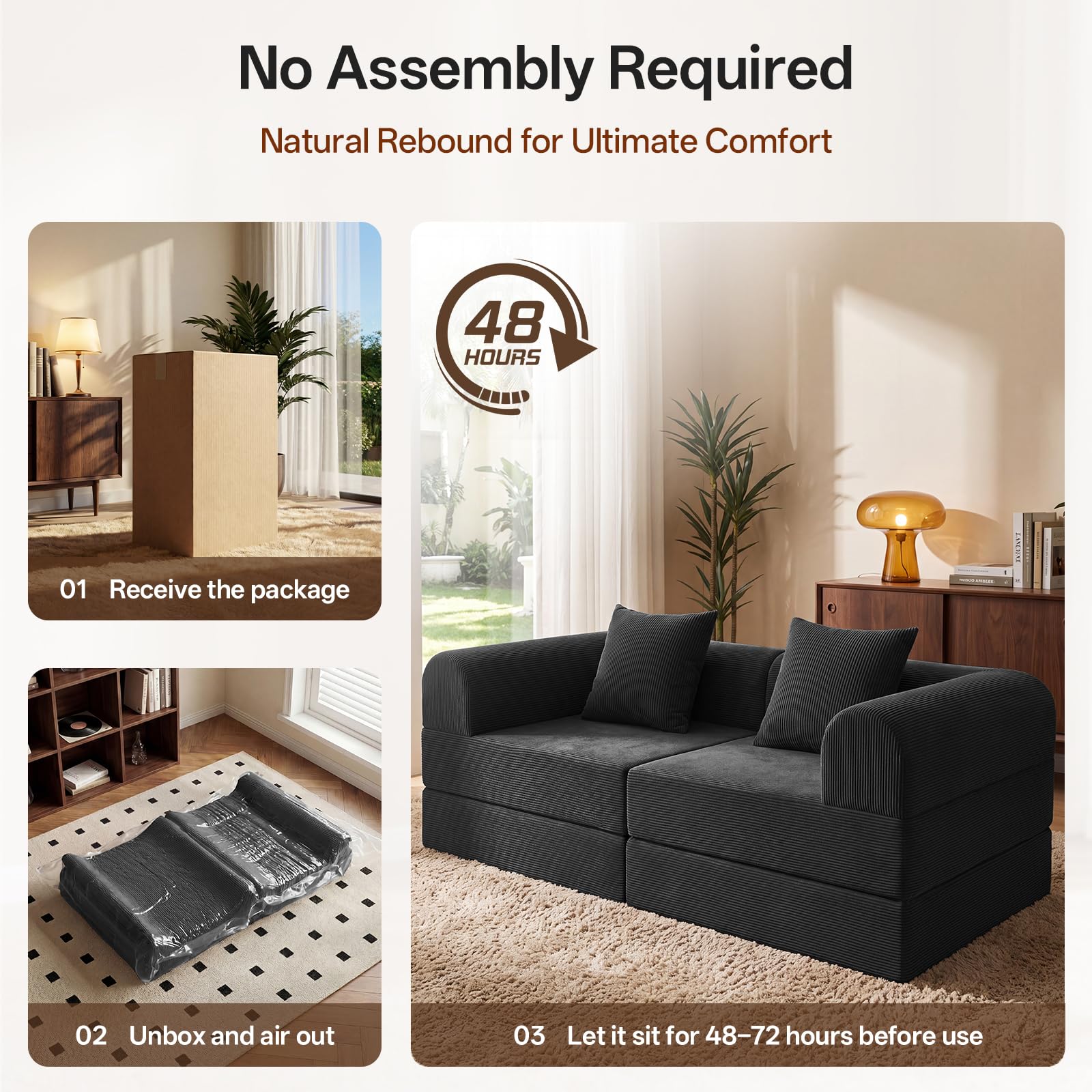 74.8’’Convertible Futon Sofa Bed, Boneless Couch for Living Room | Corduroy Boneless Loveseat Sleeper Sofa, Modular Futon Couch with 2 pillow, Pull Out Couch No Assembly | Black