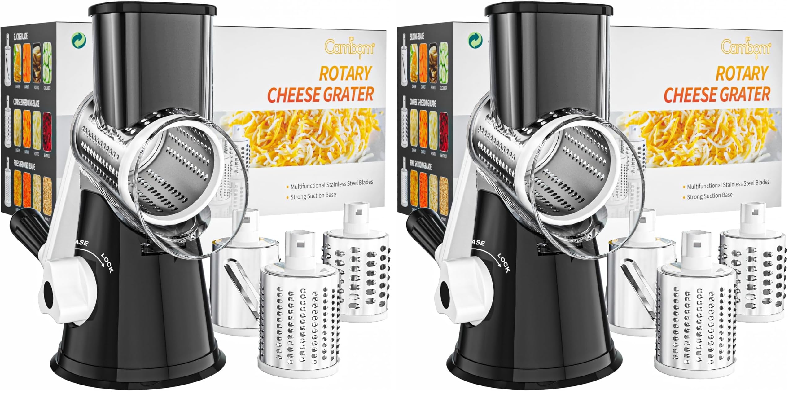 Cambom Rotary Cheese Grater Hand Crank Cheese Shredder for Fresh Cheese, Vegetable, Nuts,Non-slip Suction Base, Three Blades, Black (Pack of 2)