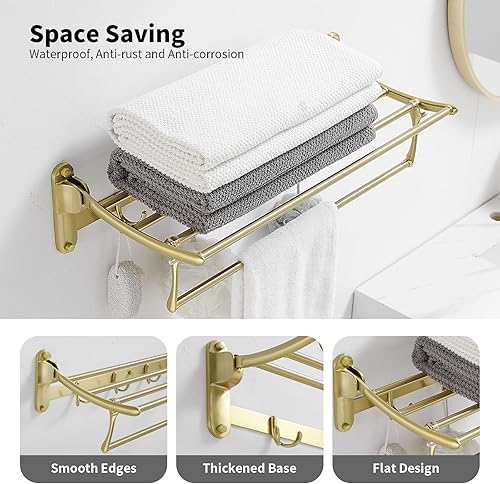 Miniatura 9 de BESy Toallero cromado pulido de 24 pulgadas, toallero de baño con soporte plegable para toallero y ganchos para toallas, accesorios de baño