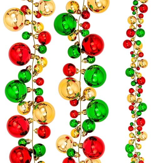 Whaline Christmas Ball Garland Ball Ornament 6ft Bauble Garland Christmas Tree Ball Decoration Shatterproof Ball Ornaments for Xmas Party Supplies, Indoor Outdoor Home Office, Red Green Gold