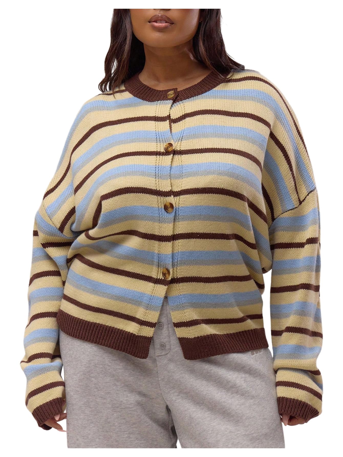 Floerns Womens Plus Size Striped Cardigans Long Sleeve Button Front Crewneck Fall Sweater