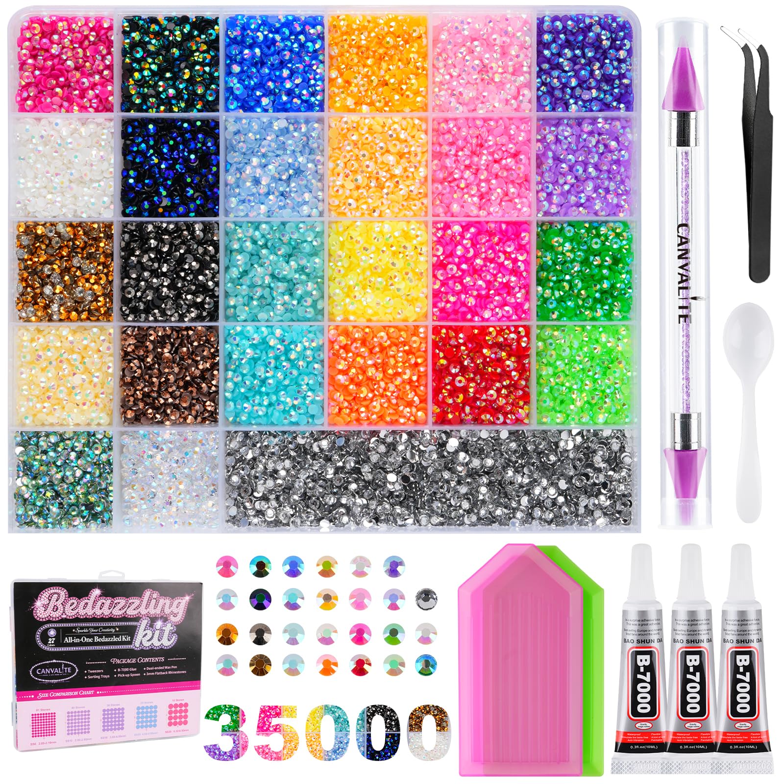 Canvalite 35000Pcs Resin Jelly Rhinestones for Bedazzling, 3mm Multicolor Flatback Rhinestones, Bedazzling Kit with 3Pcs Jewelry Glue and Tools, Bedazzler Kit for Crafting Book Clothes Makeup