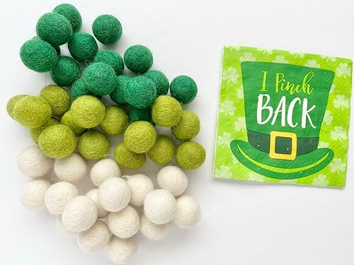 2.5 cm handmade felt balls - Bulk Quantity: 50 - St Patrick's Day Colors: Emerald Green, Lime Green, White - 100% Wool Poms for Crafts, Garland