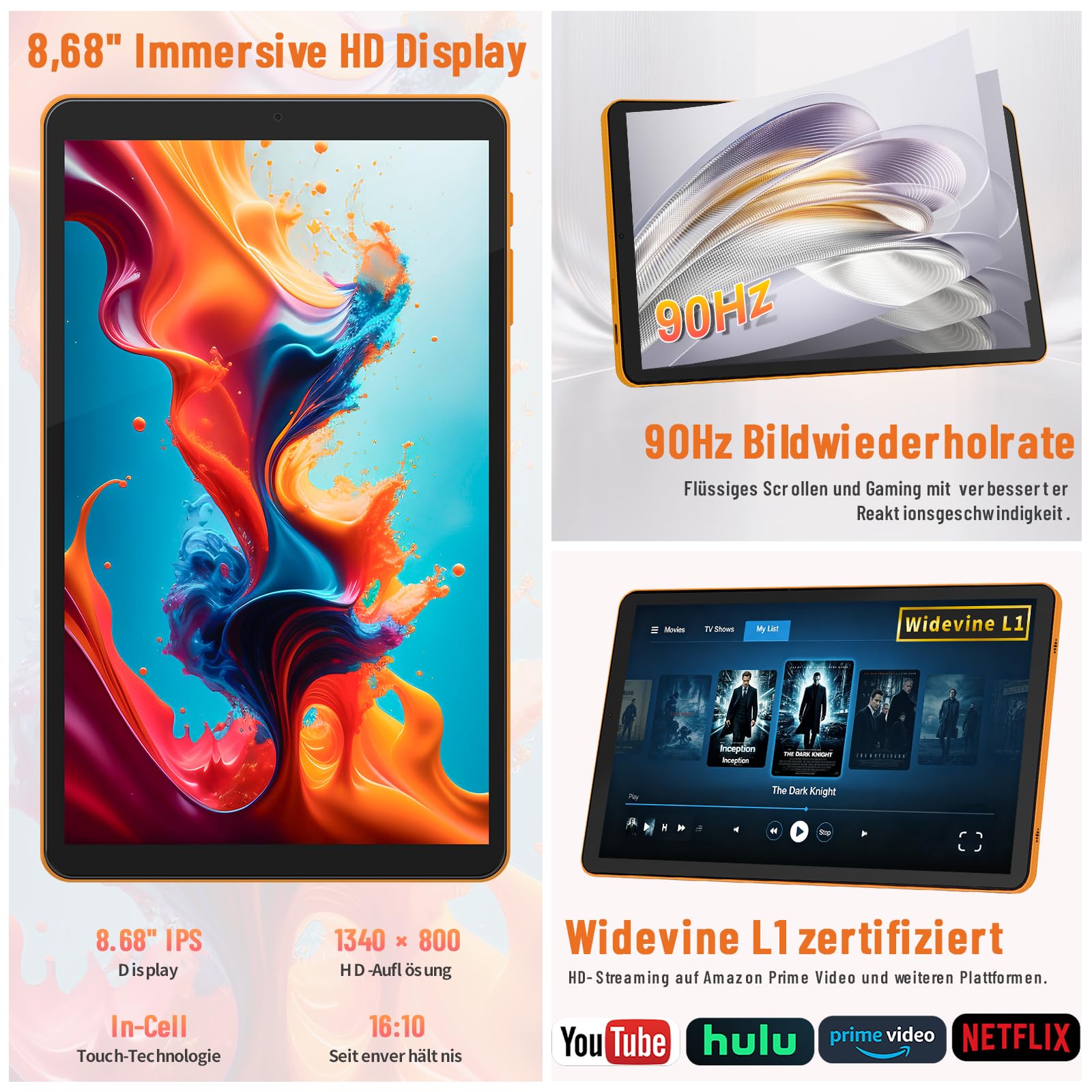 Android 16 Tablet 8,7 Zoll, 4G LTE Tablet mit SIM, WiFi 5, 16GB RAM + 64GB, bis 2TB, Widevine L1, Gemini AI, GPS, Face Unlock, 6000mAh Akku