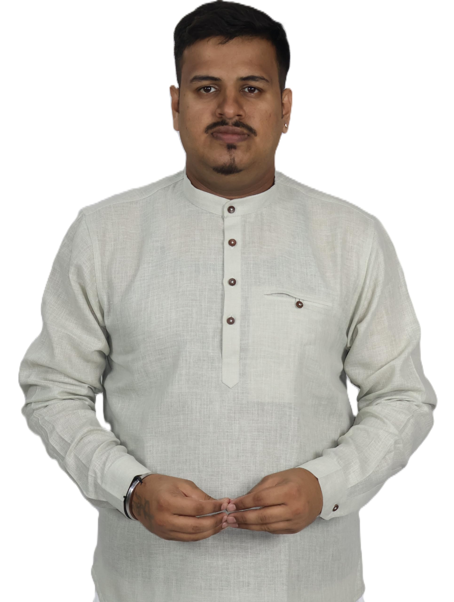 Men's Cotton Linen Short Kurta, Kurta Shirt, Slim fit, Light Pista, Linen Blend, Long Sleeve, Mandarin Collar, Casual Ethnic Wear, in, Alpha, M (m)-picture-32