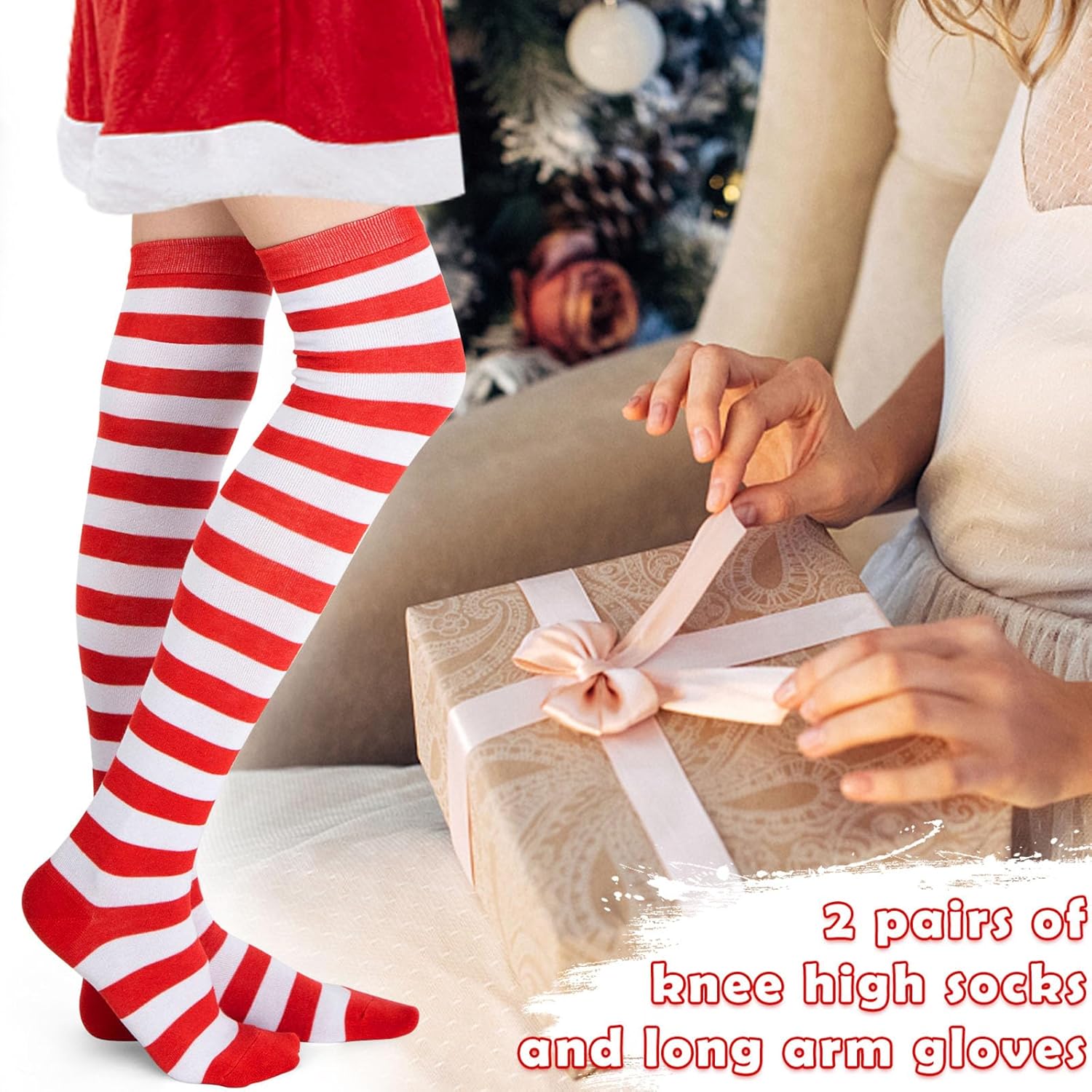MCPINKY Red and White Striped Socks, Including Candy Cane High Knee Socks Long Arm Warmer Gloves, 2 Pair Crazy Outfits for Girls Women Holiday Themed Party Cheerleading Sports Costume - Image 5