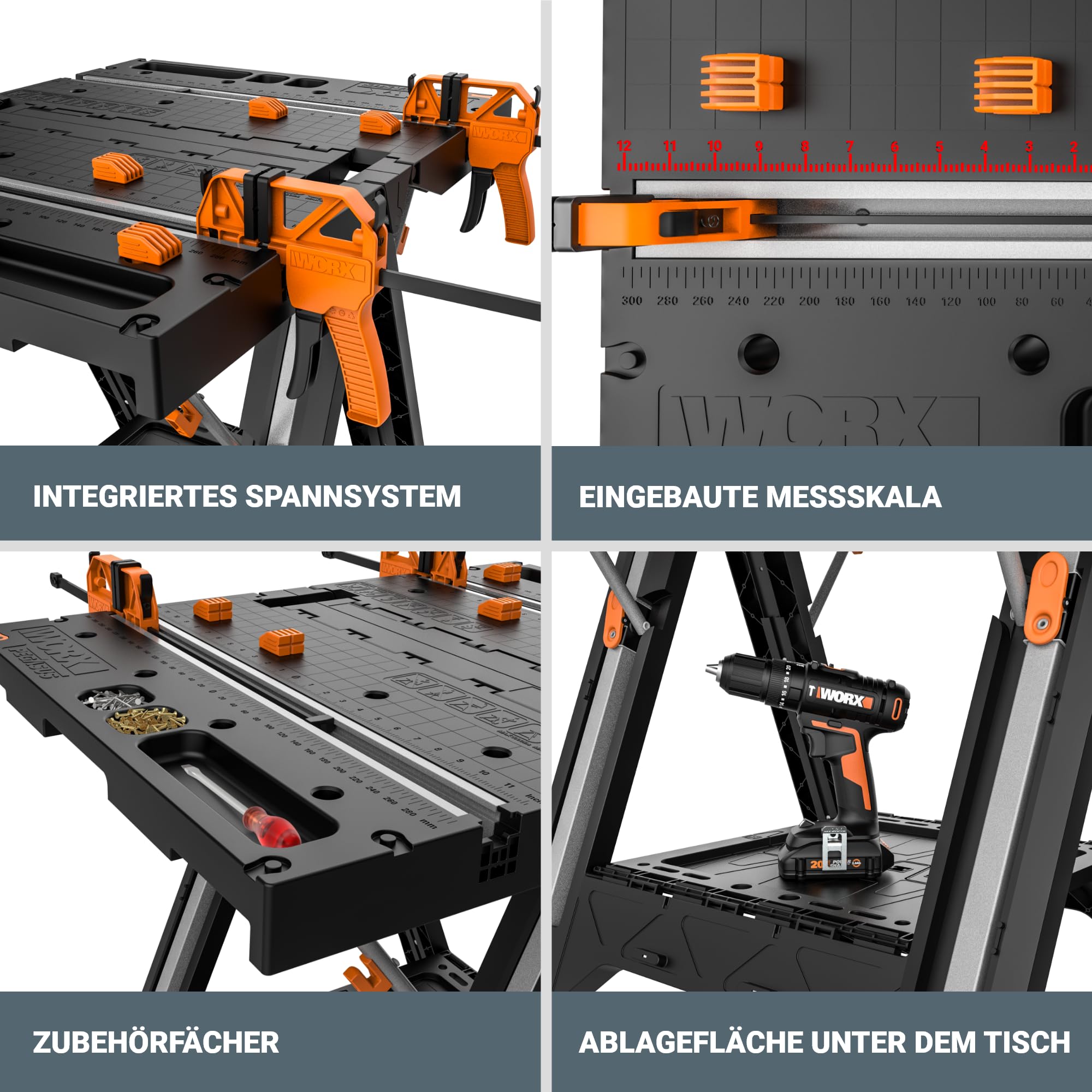WORX PEGASUS WX051 mobile multifunktionale Werkbank - hochwertiger Arbeitstisch klappbar für die Werkstatt, max. Belastung 450kg – inkl. Schnellklemmvorrichtung – hohe Stabilität & große Arbeitsfläche