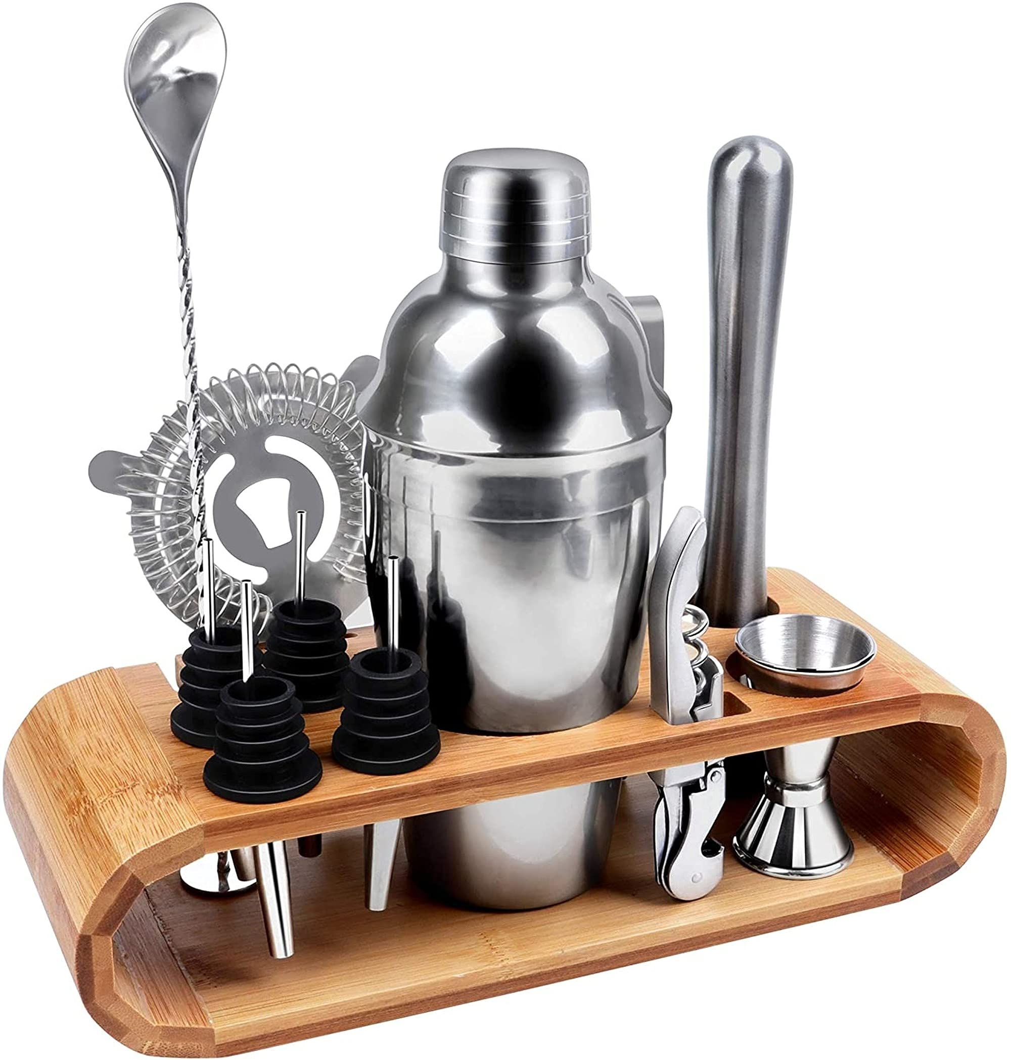 NRANSONCocktail Making Kit with Bamboo Stand,12 PCS Bar Set Cocktail Shaker Set,Stainless Steel Bartender Kit Bar Accessories Tools,Martini Drink Mixing Kit for Shakers Bartending,Home, Bar, Parties