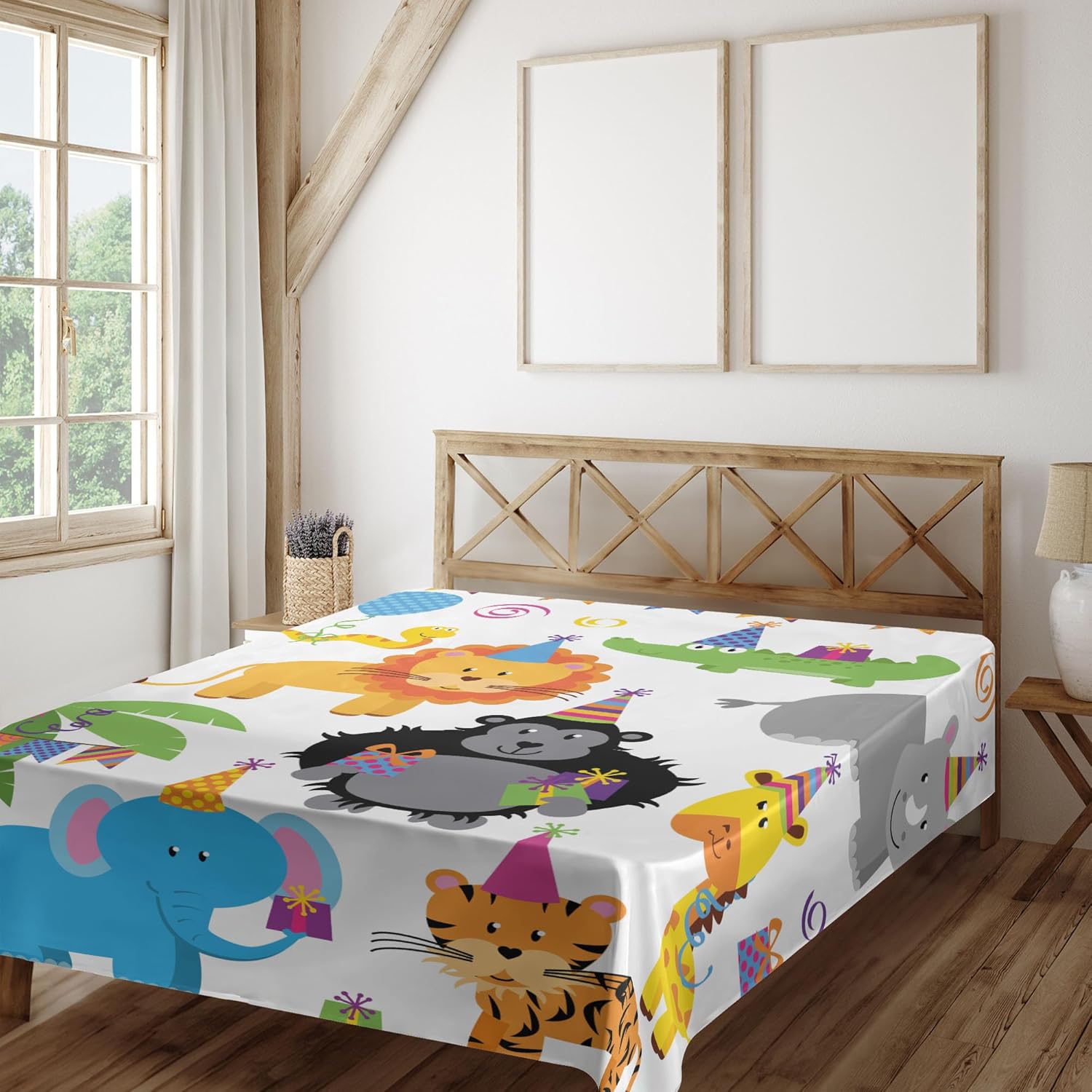 Ambesonne Birthday Flat Sheet, Jungle Wild Savannah Animals in Cartoon Pattern with Party Hats Flags Image, Soft Comfortable Top Sheet Decorative Bedding 1 Piece, Full Size, Multicolor