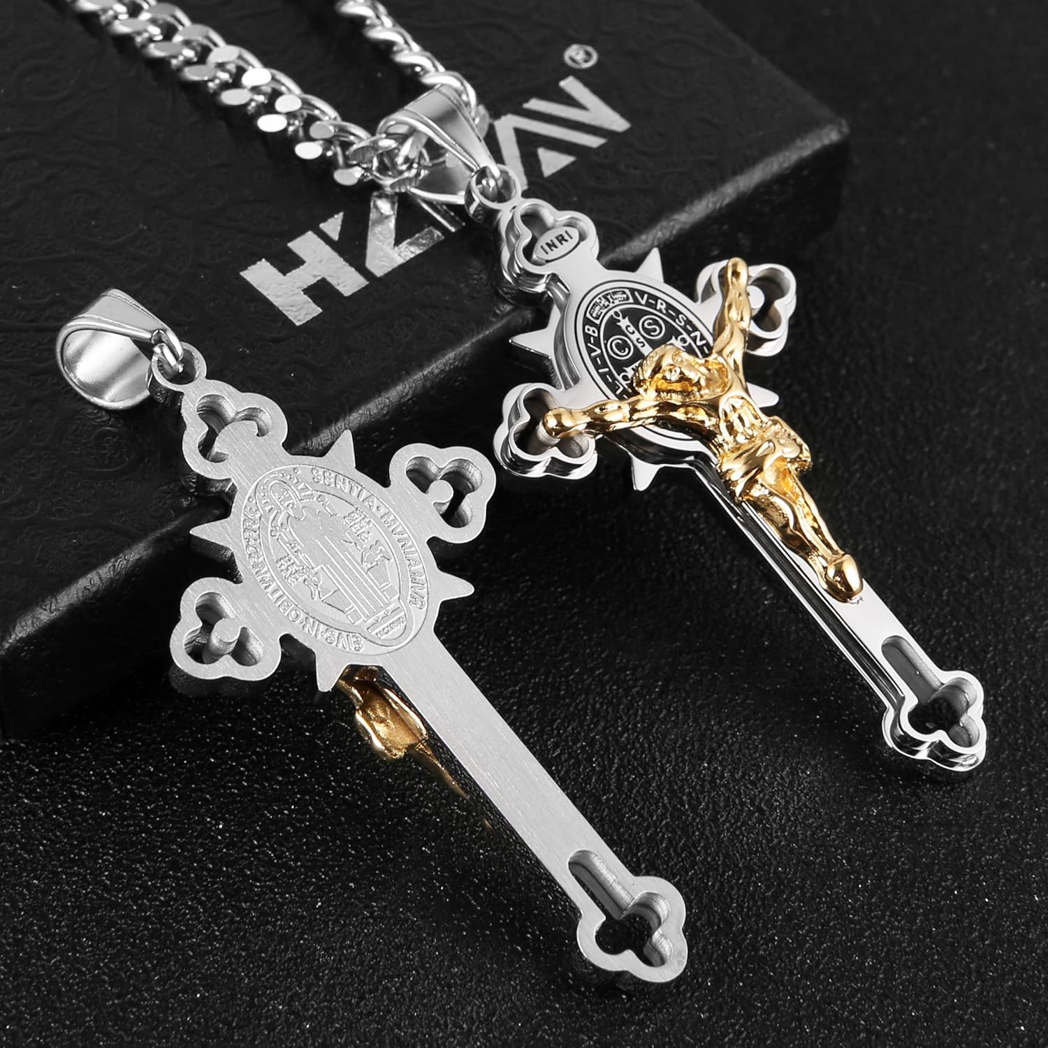 HZMAN Religion Stainless Steel Saint St St. Benedict Crucifix Cross Pendants Necklace INRI - Image 4