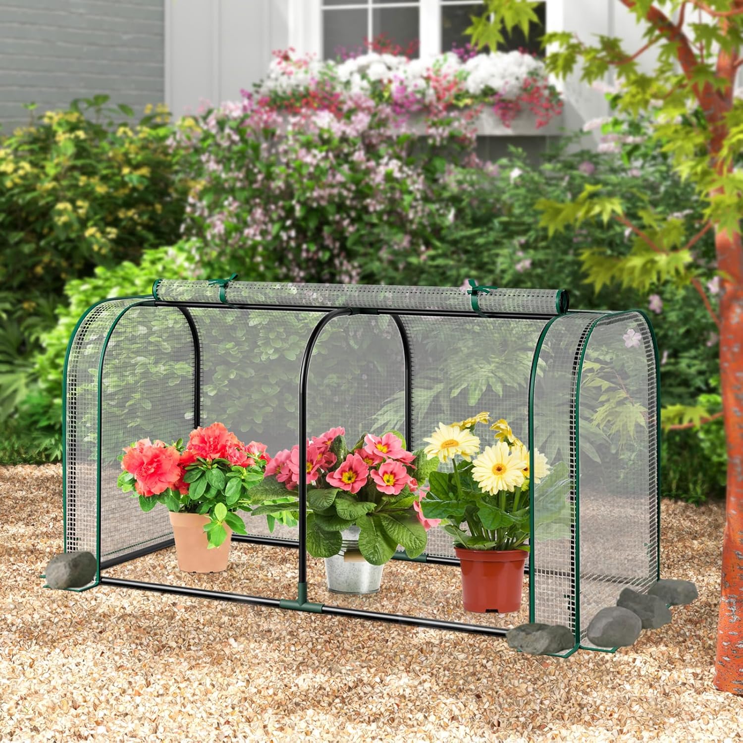 Happygrill Portable Mini Greenhouse, 47" x 22" x 24" Green House w/ Roll-up Zipper Door, Metal Frame, Waterproof Sun-Protective PE Cover, Small Greenhouses for Raised Garden Bed, Outdoor (White)