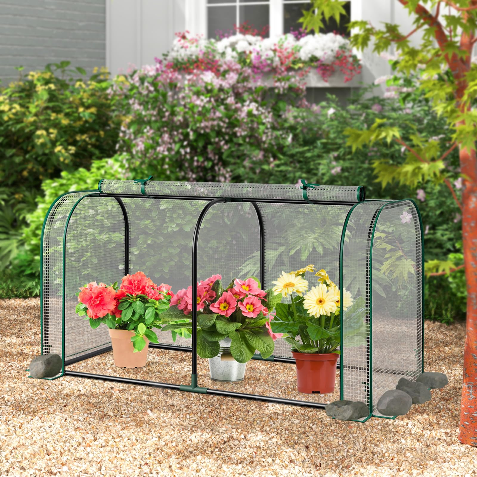 RELAX4LIFE Serra da Giardino con Porta Avvolgibile, Mini Serra Orto Vivaio, Materiale in in PE, Struttura Metallica, 118 x 55 x 60 cm (Bianco)