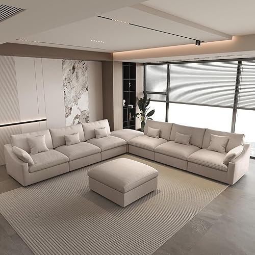 Miniatura 89 de WJShome - Sofá seccional modular en forma de nube para sala de estar, sofá de 160" con relleno de plumón en forma de U con otomano, sofás