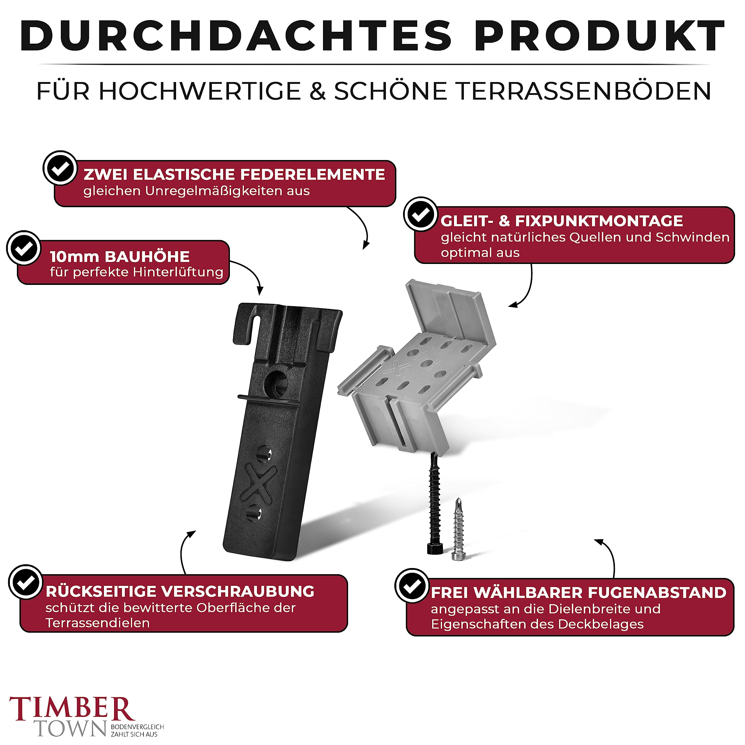 Timbertown DILA C – Unsichtbare Terrassenbefestigung | 300 Kunststoffclips & 750 Edelstahlschrauben | Für Holz- & Aluminium-Unterkonstruktionen