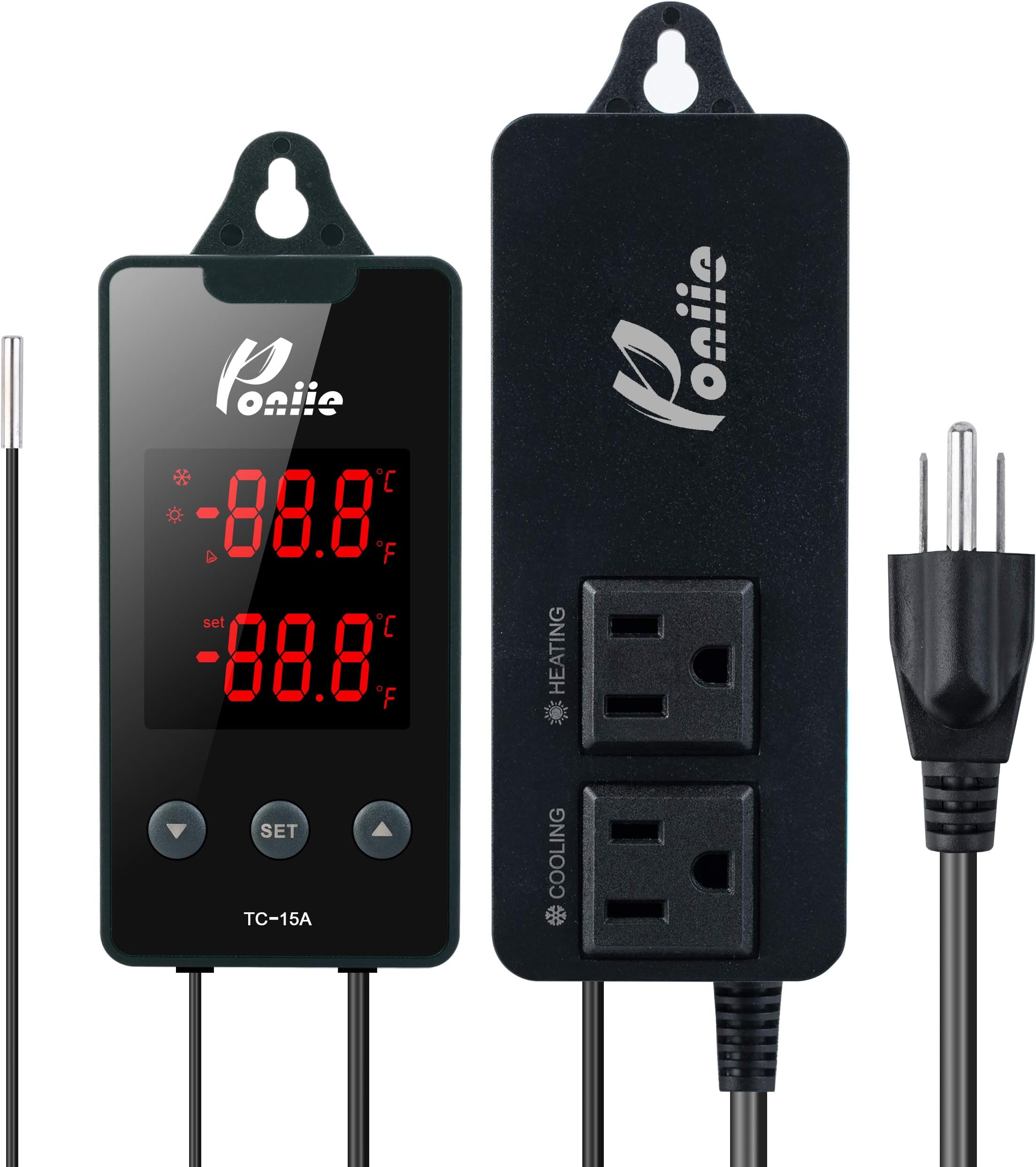 TC-15A Digital Temperature Controller 2-Stage Outlet Thermostat Heating & Cooling Mode for Greenhouse, Terrarium, Brewing and Fermentation (110V 15A)