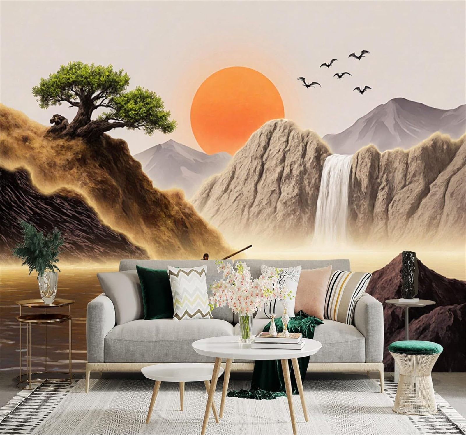 XLMING Sunset Lake Boat Waterfall Mountains Birds 3D Wallpaper Silky Texture Home Study Office Grey Dining Room Sofa Bedroom Living Room TV Backdrop-250cm×170cm