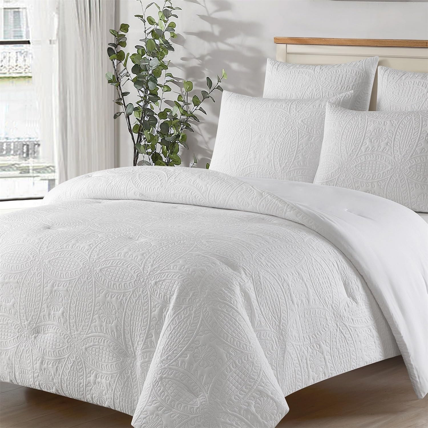 3pcs white boho comforter set king size jacquard embossed coin pattern bedding set 104x90in ultrasonic medallion embroidered duvet modern farmhouse fluffy down alternative for all seasons white king