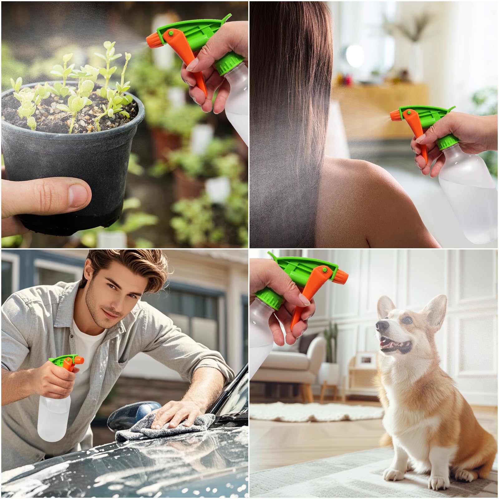 2 x butelka z rozpylaczem 500 ml, regulowana dysza, spust z 4 palcami, biała butelka + pomarańczowa dysza, materiał PET, ergonomiczna konstrukcja, szczelna, mgiełka do strumienia
