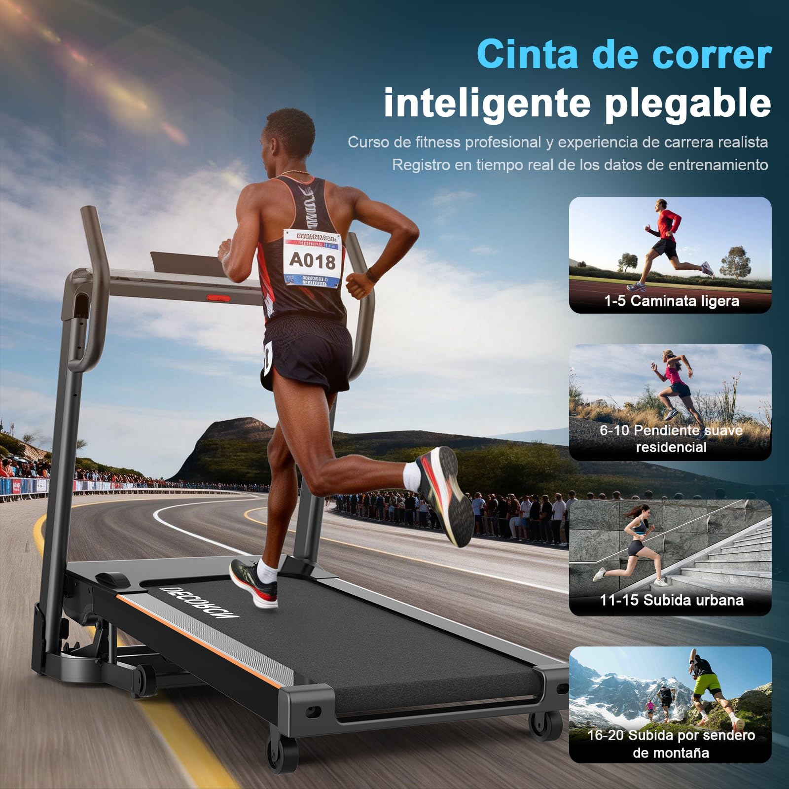 Cinta de Correr Plegable Profesional con App, Motor 4.5CV 16 km/h, Inclinación Automática 20 Niveles, Máquina de Correr para Gimnasio en Casa, Carga 150 kg, Bluetooth, Silenciosa, Pantalla LED